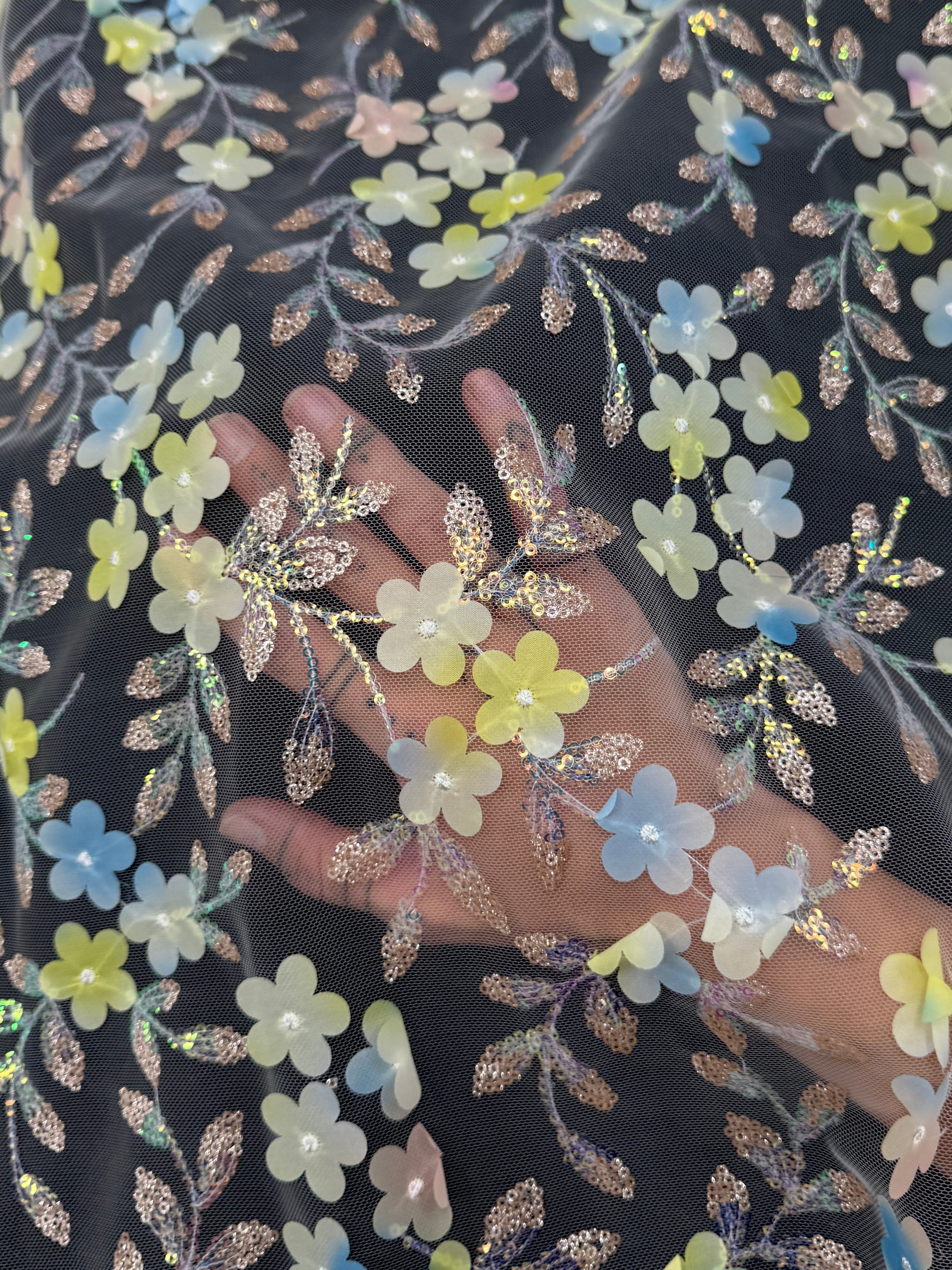 Blue Yellow Multicolor 3D Floral Embroidered Tulle, Multicolor Tulle Fabric, Embroidered Tulle Fabric, Floral Embroidered Tulle, 3D Embroidered Tulle, Multicolor Floral Tulle, Embellished Tulle Fabric