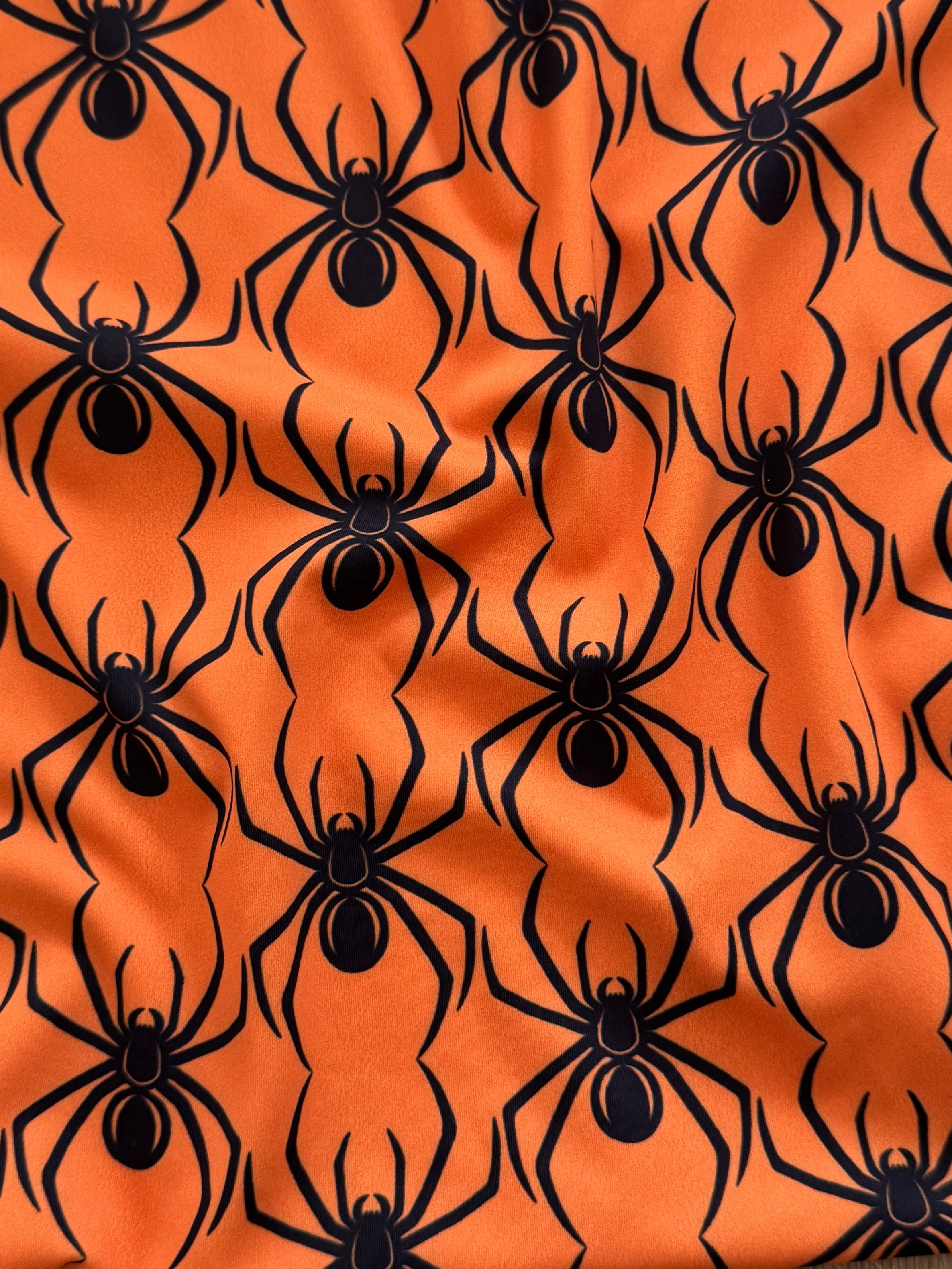Black on Orange Spider Print Nylon Spandex, Halloween Spandex, Halloween Fabric, Spandex Fabric, Nylon Spandex, Stretch Fabric, 4 Way Stretch, Spooky Fabric