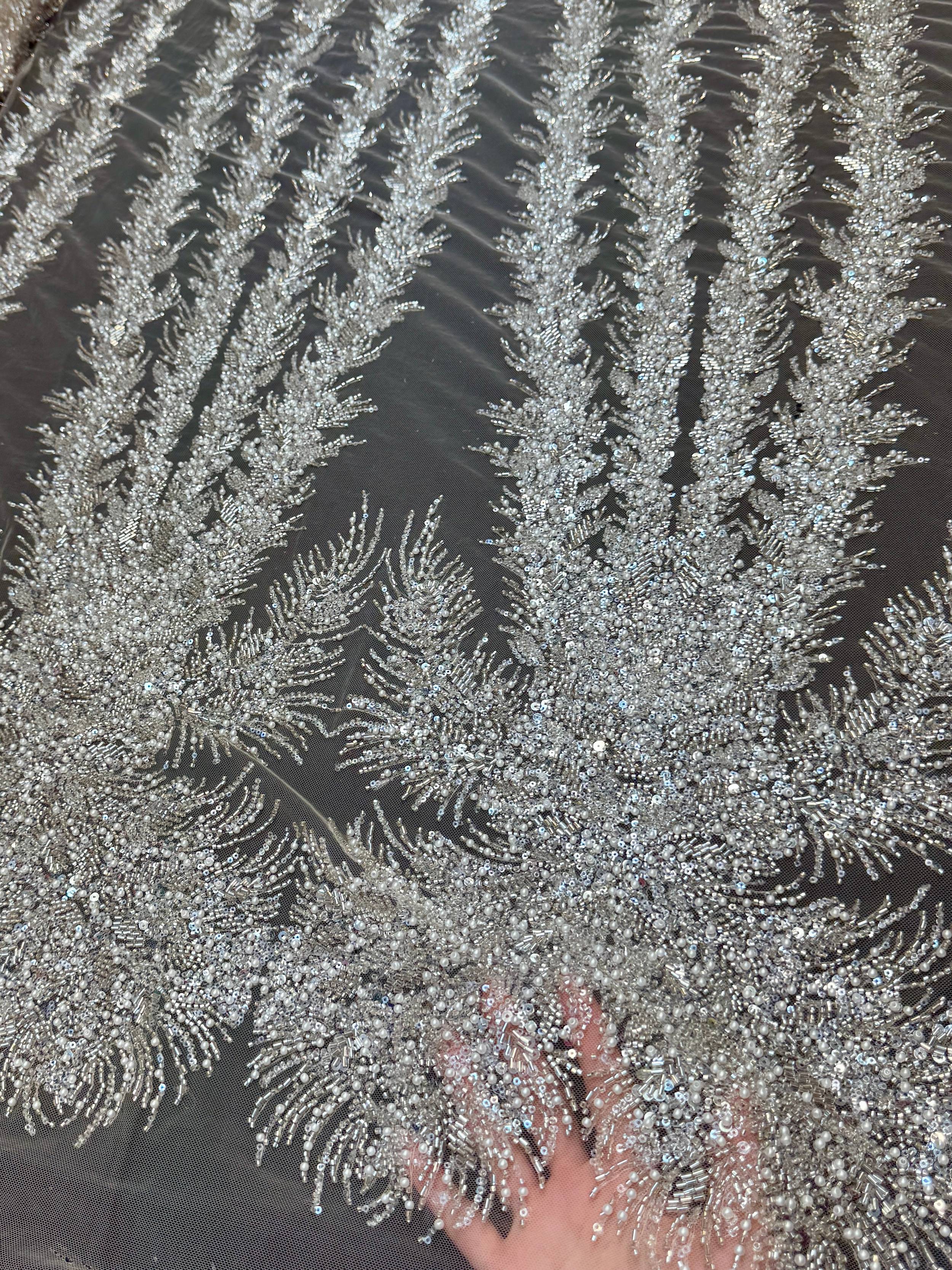White-Silver Fireworks Beaded Couture Lace, Couture Lace Fabric, Crystal Beaded Lace, Fireworks Lace, Sequin Lace Fabric, Embellished Lace, Luxury Lace Fabric, Bridal Lace Fabric
