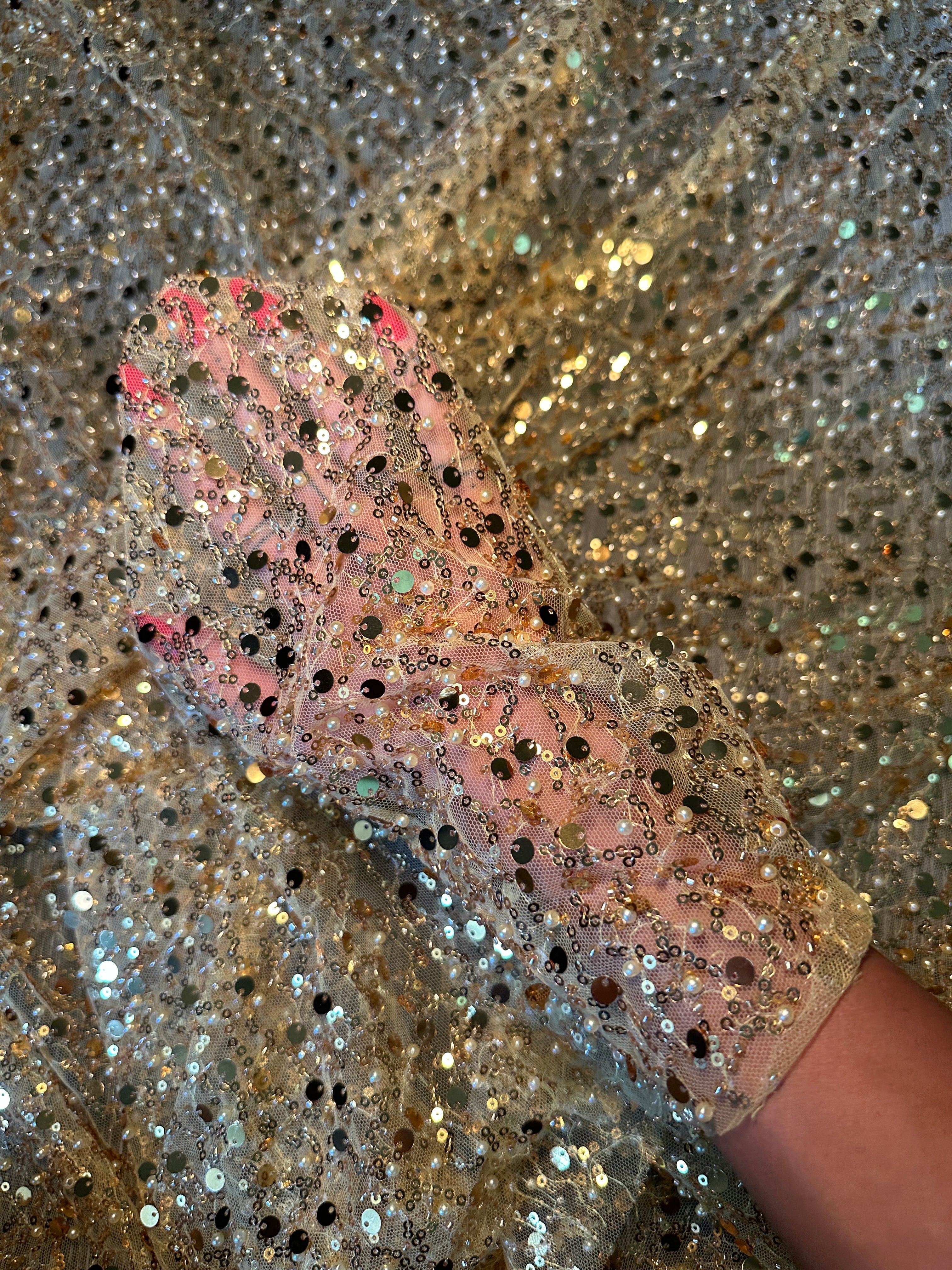 Yellow Gold Sequin Beaded Pearl Mesh, Sequin on mesh, Pearl Beaded Mesh, beaded sequin on mesh, pearl beaded fabric, shimmering sequins 