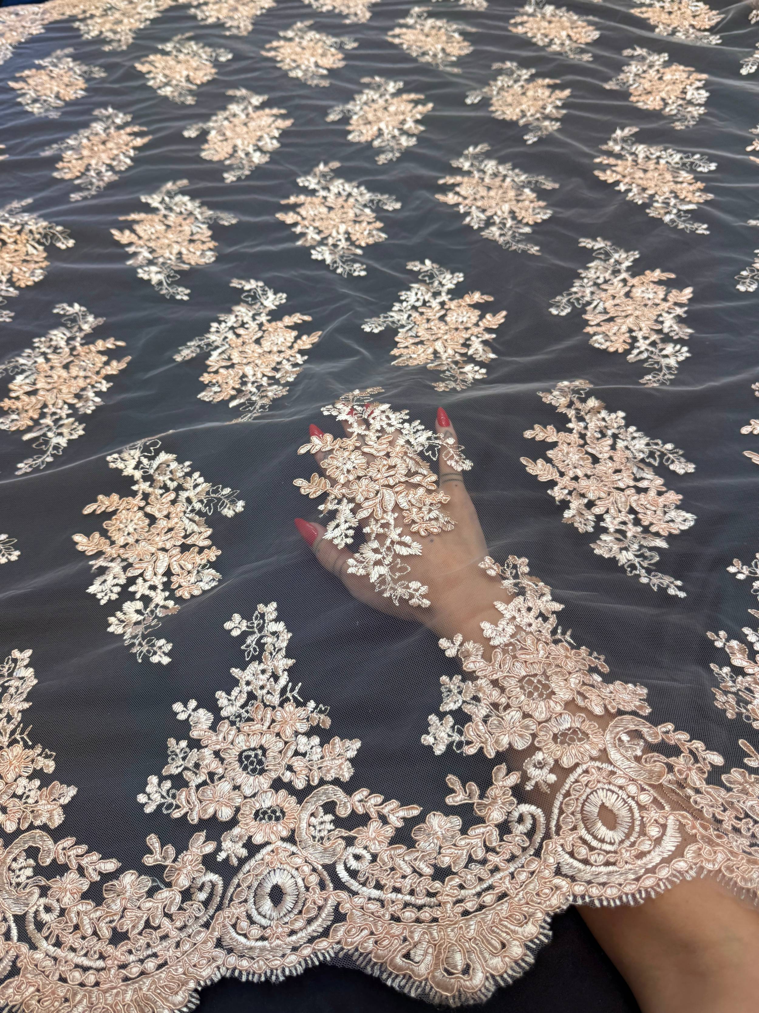Peach Fleur Scalloped Lace Mesh, Scalloped Lace Fabric, Fleur Lace Fabric, Embroidered Lace Mesh, Sheer Lace Fabric, Floral Mesh Fabric, Bridal Lace Fabric