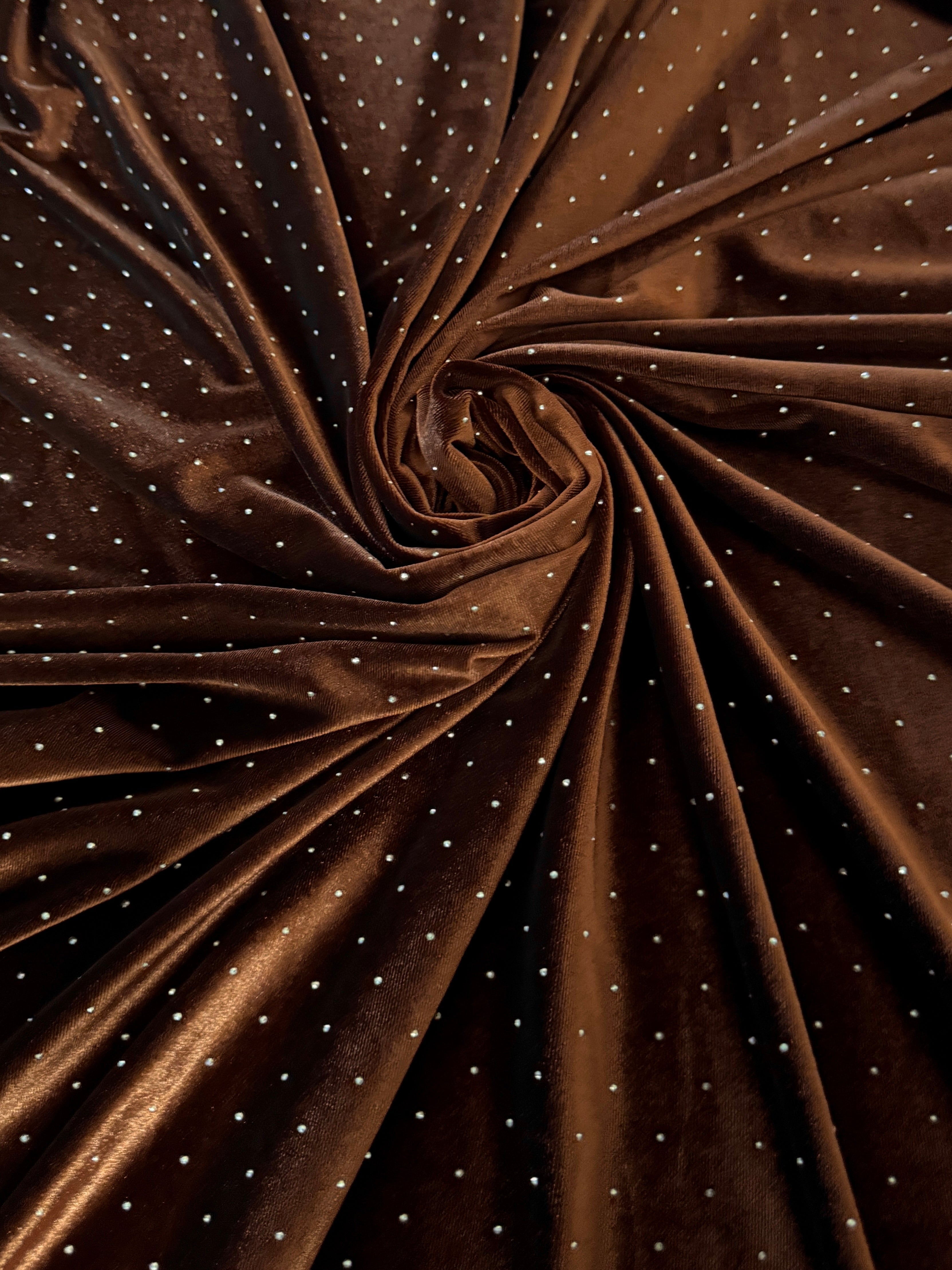 Brown Sturdust Rhinestone Beaded Stretch Velvet, Rhinestone Velvet, Beaded Velvet, Stretch Velvet, Velvet Fabric, Rhinestone Fabric, Beaded Fabric, Embellished Velvet, Embellished Fabric, Crystal Velvet