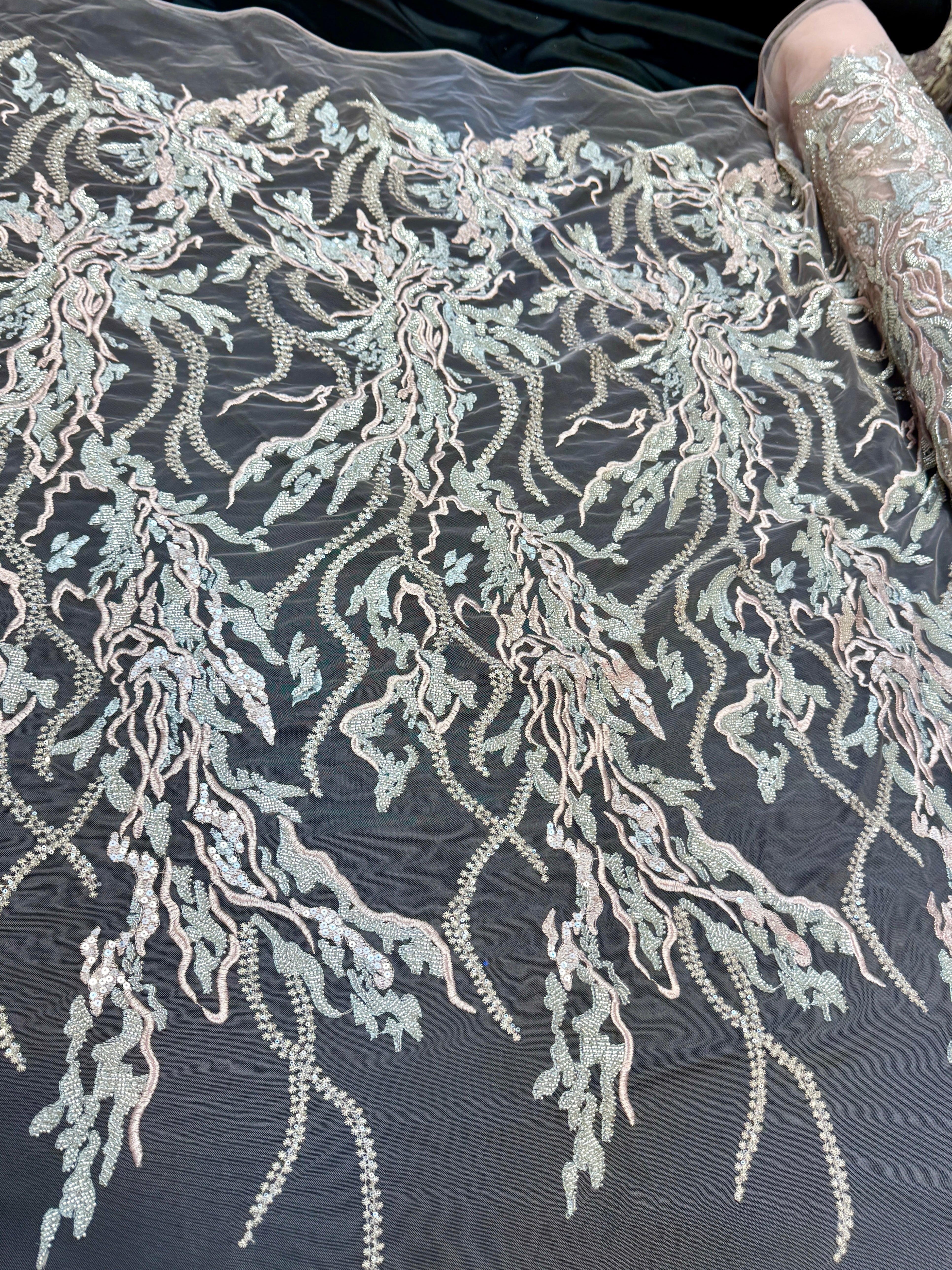 Blush-Mint Abstract Leaf Beaded Sequin Lace, Leaf Sequin Lace, Beaded Sequin Lace, Leaf Lace Fabric, Abstract Lace Fabric, Embellished Lace Fabric, Sequin Lace Fabric, Beaded Lace Fabric