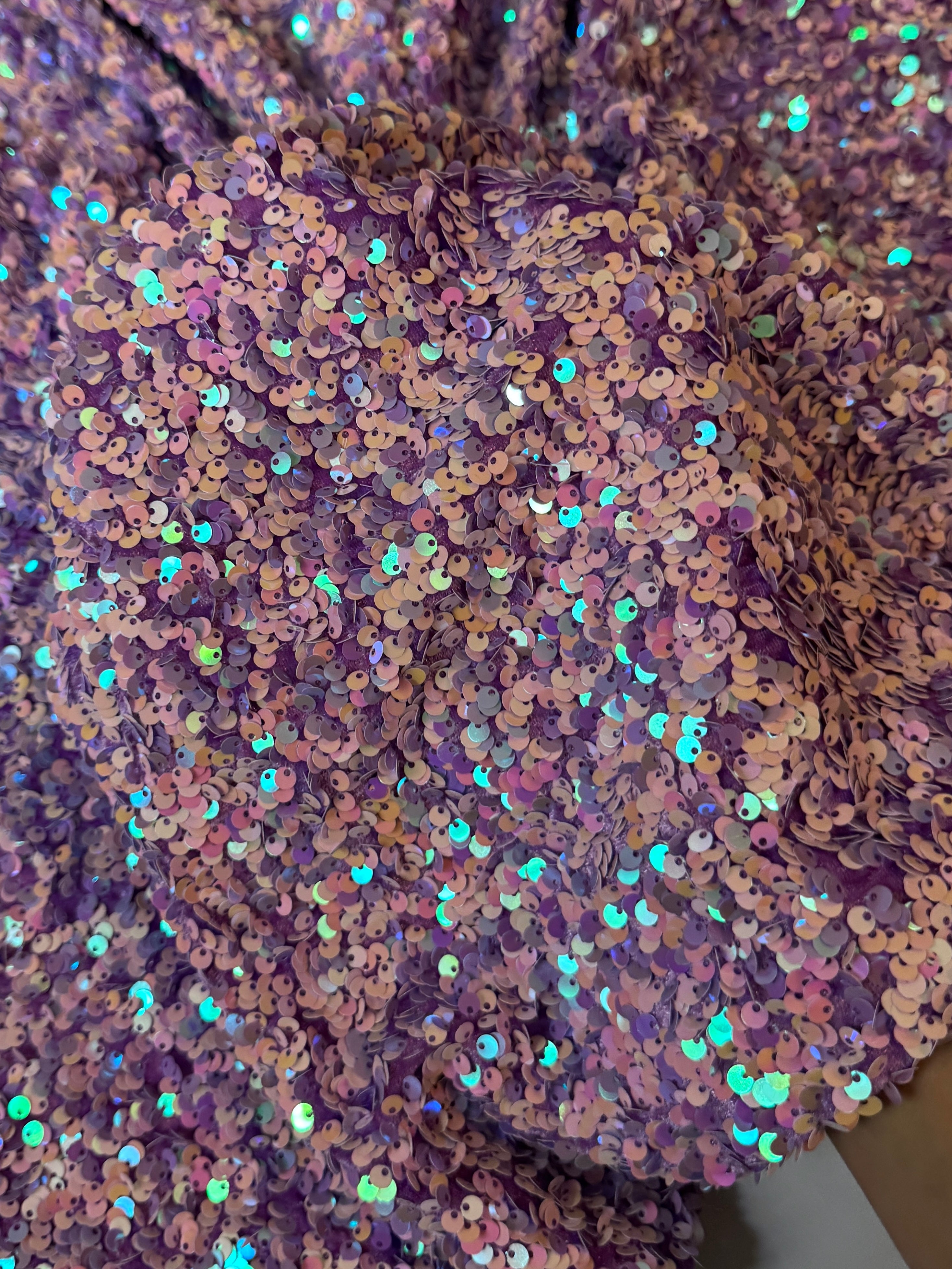 Iridescent Lilac Sequin on Velvet (Exclusive Color), Sequin on velvet, Sequin velvet for woman, Sequin velvet for bride, Sequin velvet on discount, Velvet fabric for dress