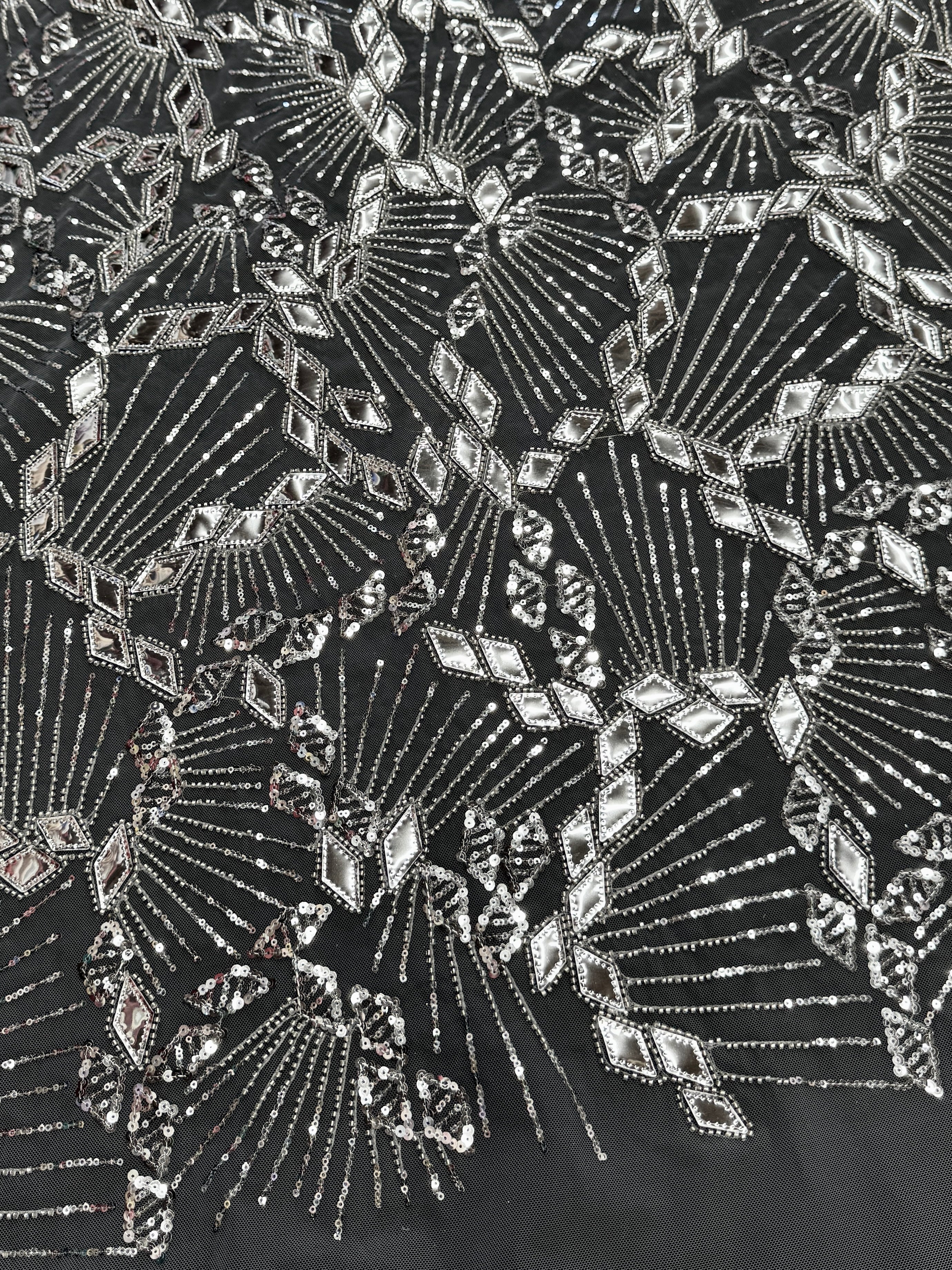 Silver Art Deco Mirror Sequin Lace, Mirror Sequin Lace, Sequin Lace Fabric, Embellished Lace Fabric, Sparkle Lace Fabric, Glitter Lace Fabric, Luxury Lace Fabric