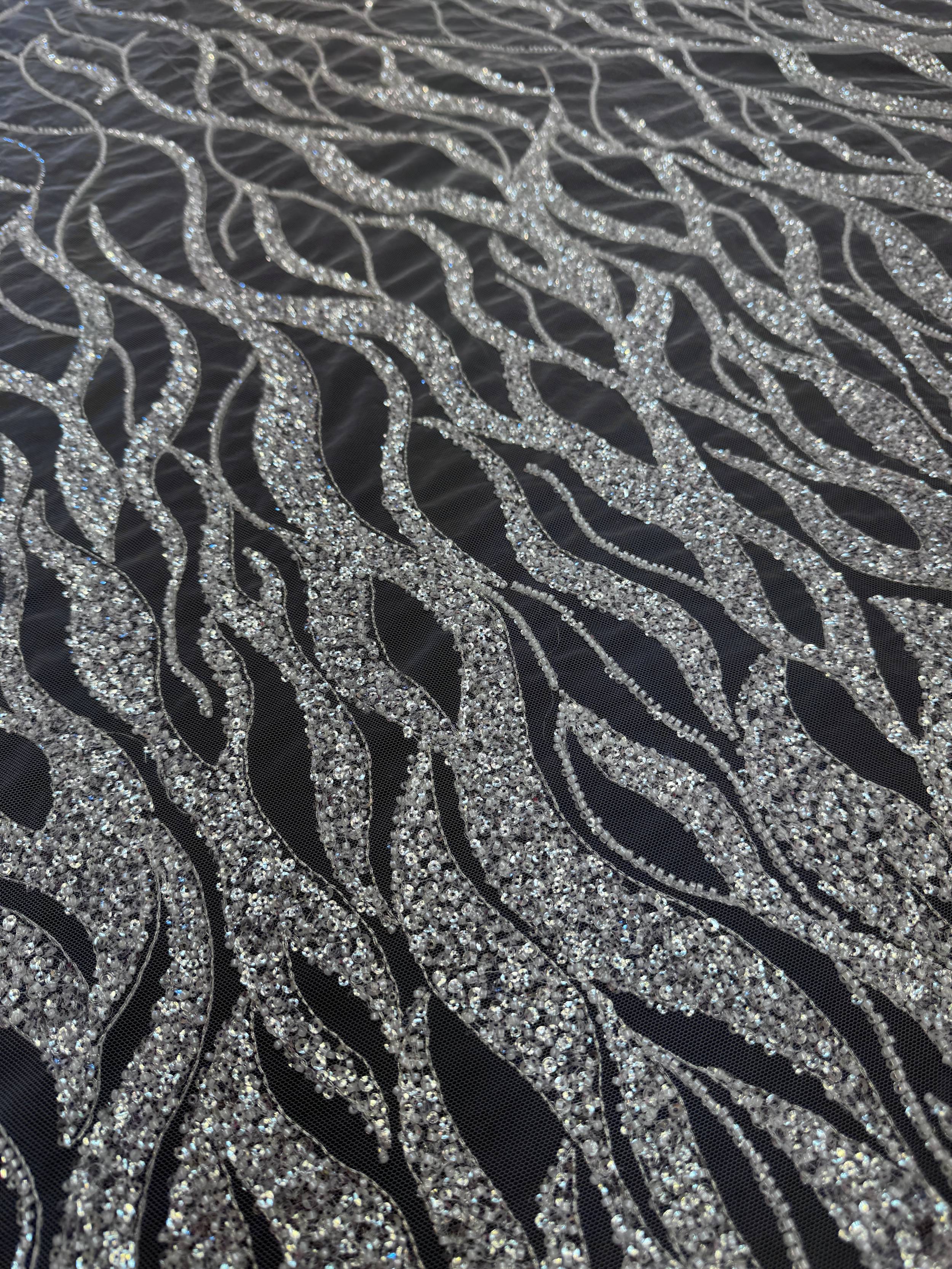 Silver Flame Sequin Beaded Lace, Beaded Lace Fabric, Sequin Lace Fabric, Flame Sequin Fabric, Embroidered Lace Fabric, Embellished Mesh Fabric, Beaded Mesh Fabric