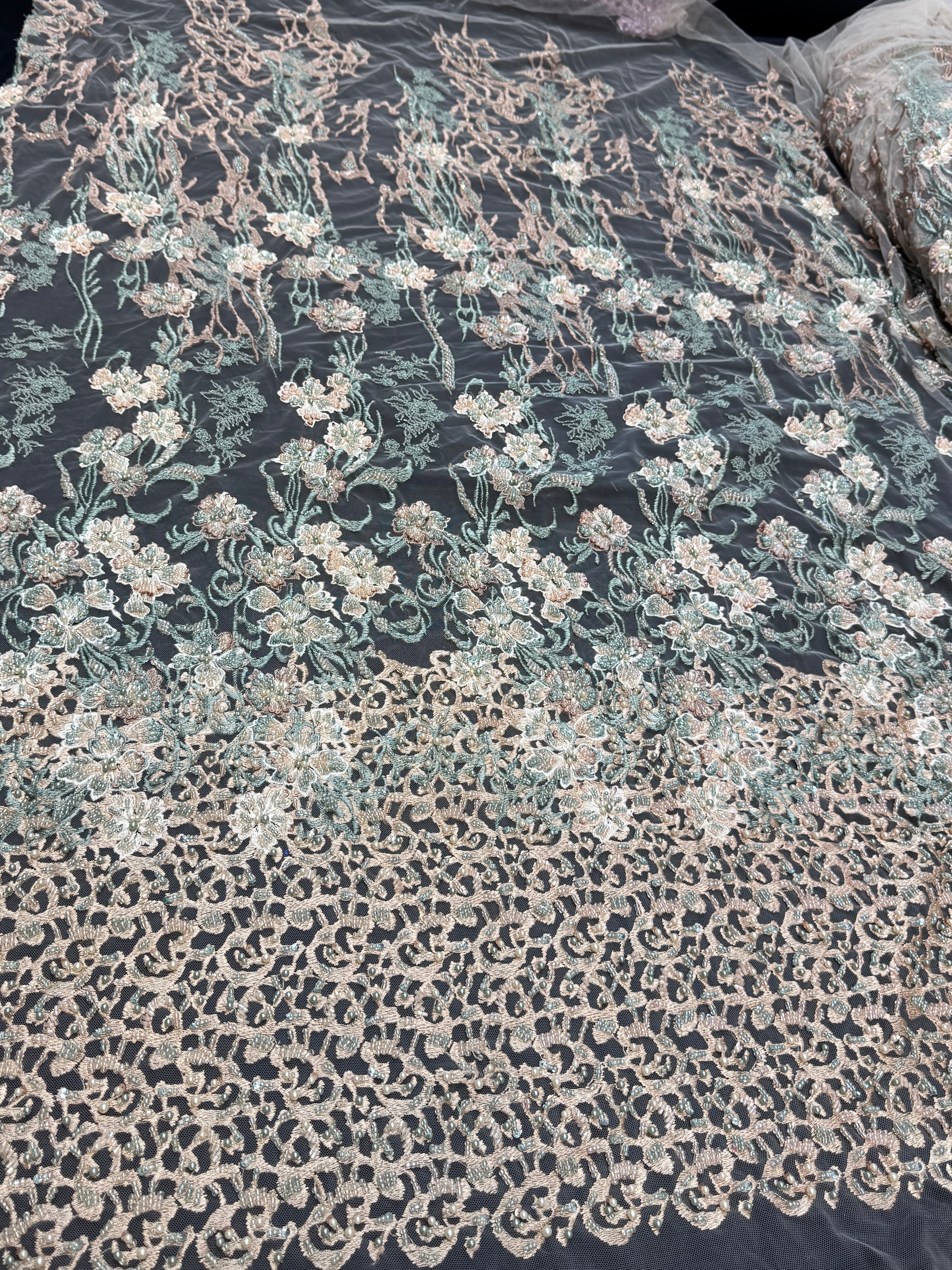 Peach-Mint Pearl Beaded Floral Embroidery Lace, Floral Embroidery Lace, Beaded Floral Lace, Pearl Lace Fabric, Embroidered Lace Fabric, Floral Lace Fabric, Beaded Lace Fabric, Embellished Lace Fabric