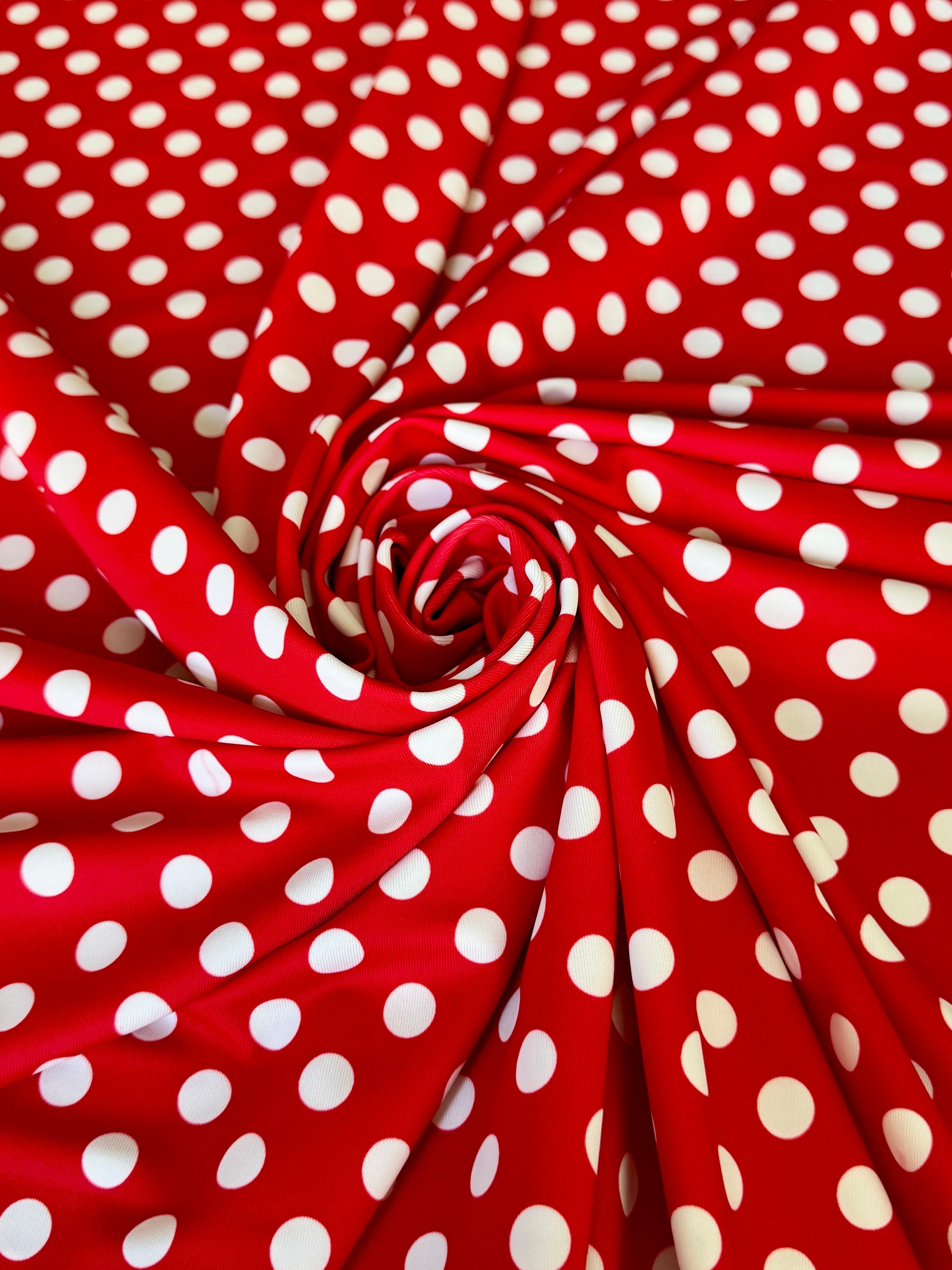 Red Polka Dot Nylon Spandex, Nylon Spandex Print, Printed Spandex Fabric, Stretch Print Fabric, Printed Stretch Fabric, Spandex Print Fabric, Printed Fabric Stretch