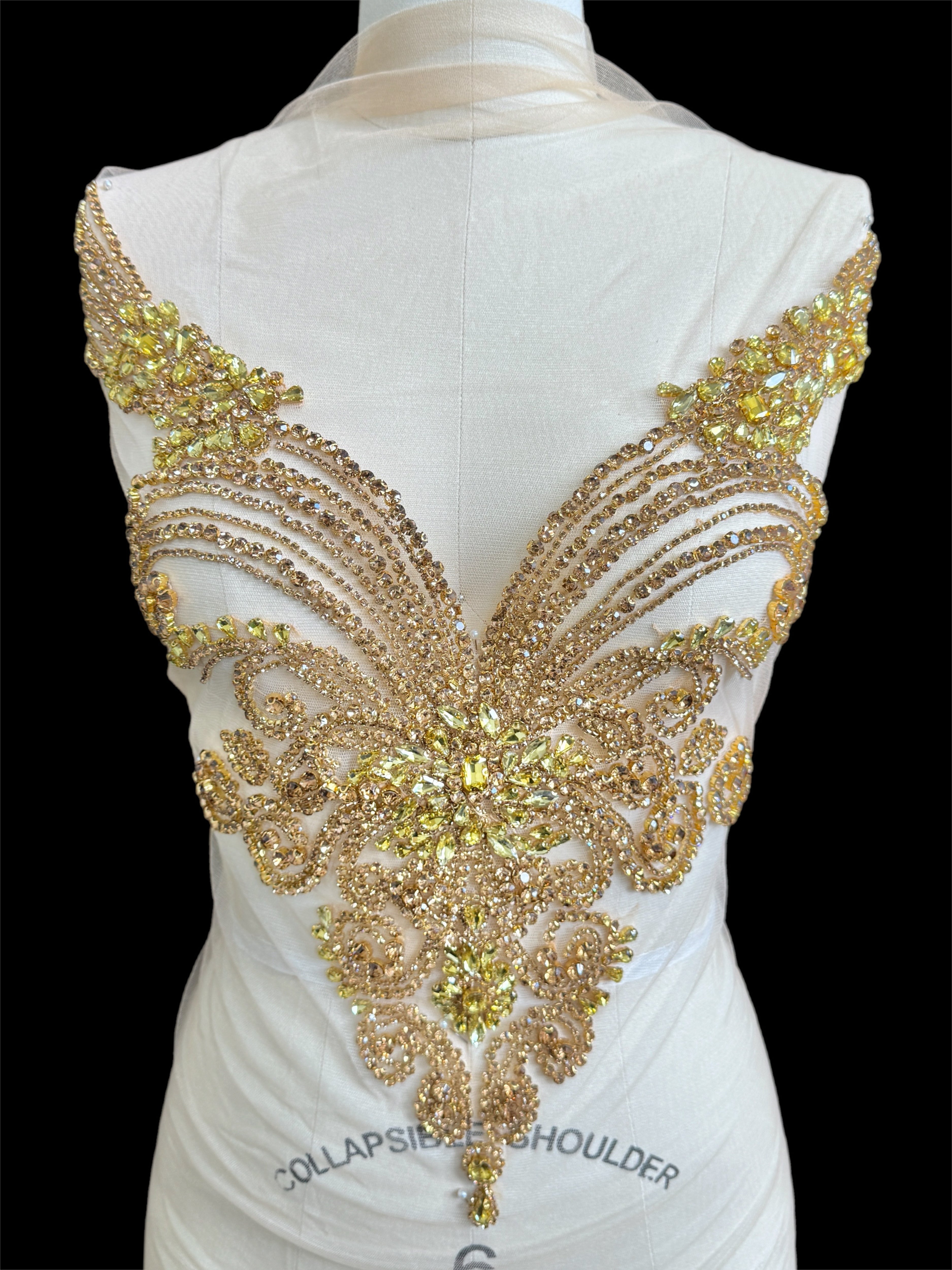 amy gold iridescent Bodice Applique, dusty gold rhinestone, gold rhinestone, light gold rhinestone