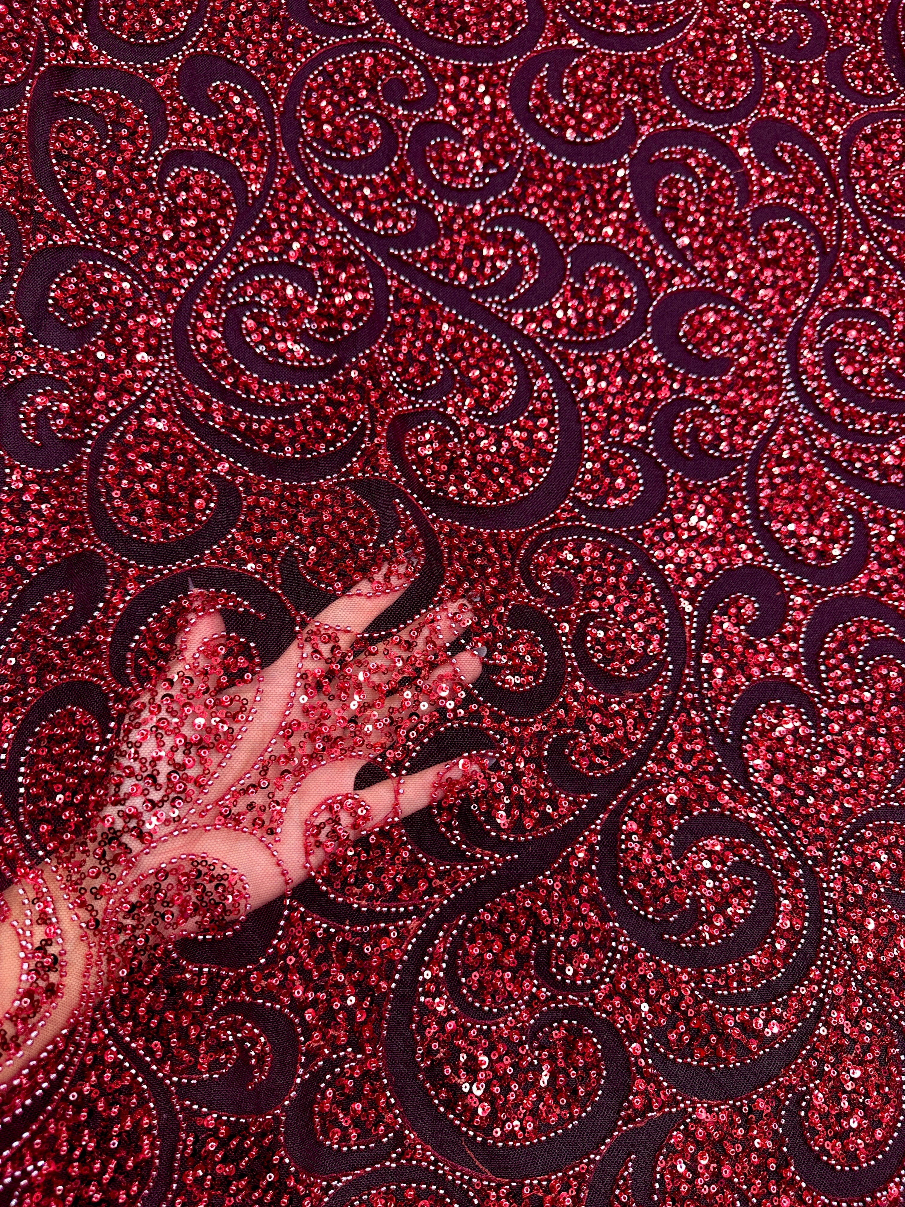 Red Sequin Beaded Scroll Lace on Mesh, Brocade for woman, shiny fabric for bride, Metallic Brocade, Brocade in low price, Shimmery fabric for party wear, Brocade for gown