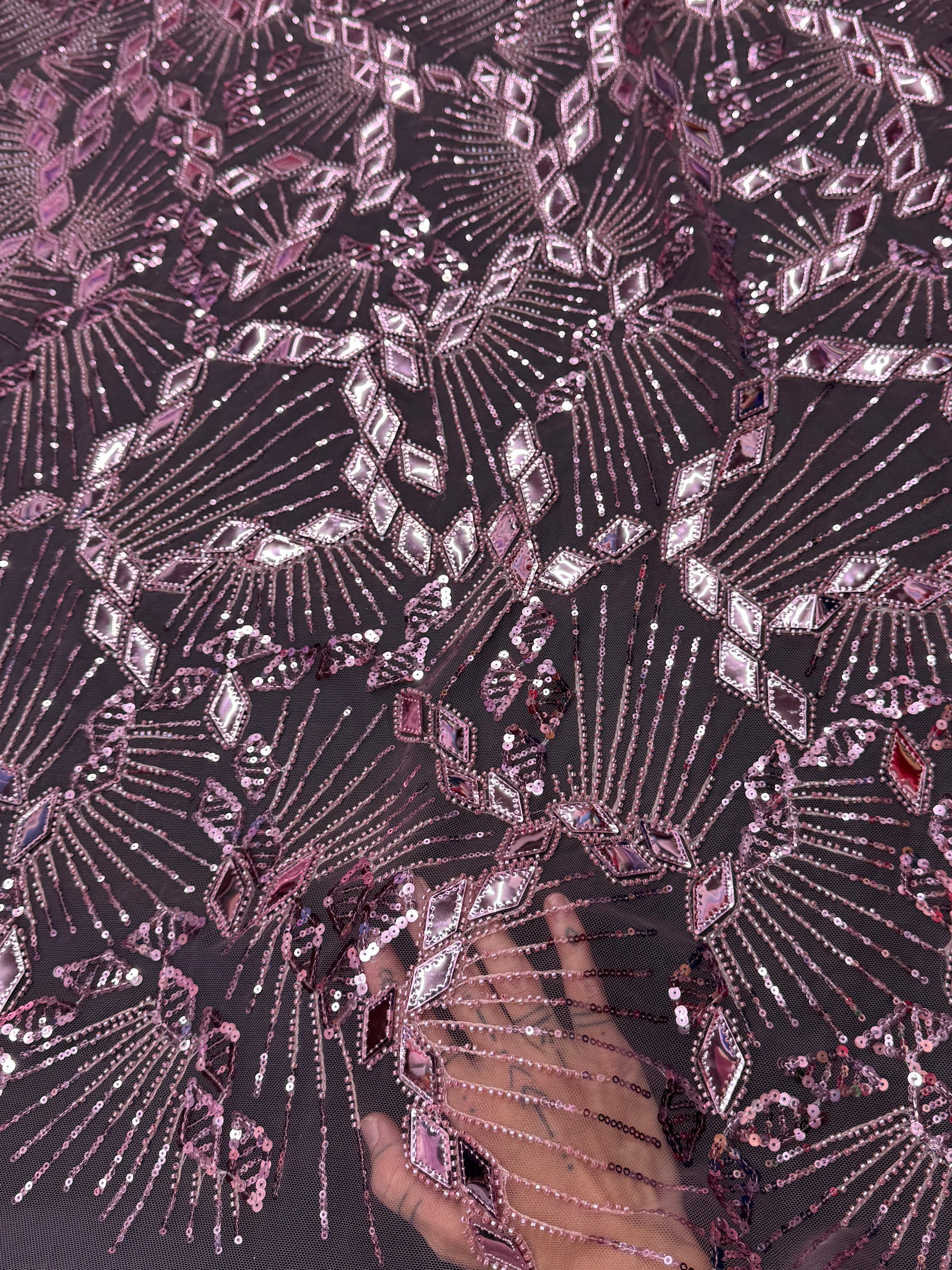 Rose Pink Art Deco Mirror Sequin Lace, Mirror Sequin Lace, Sequin Lace Fabric, Embellished Lace Fabric, Sparkle Lace Fabric, Glitter Lace Fabric, Luxury Lace Fabric
