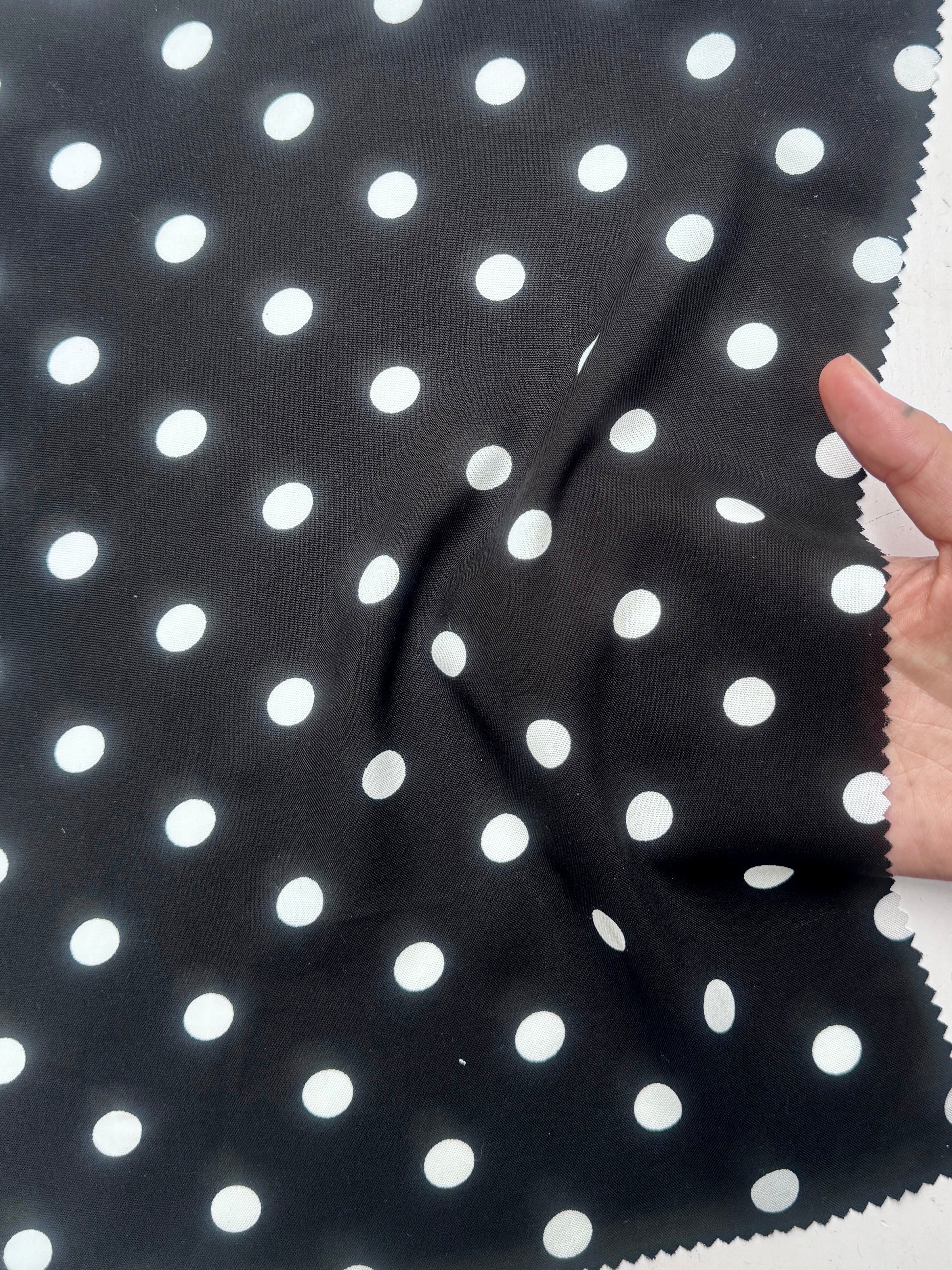 White polka dots on black rayon challis, Black Rayon Challis, Black and white Rayon Challis, eco-friendly fabric, pure Rayon Challis fabric, Rayon Challis, Rayon Challis fabric, kiki textiles, sewing