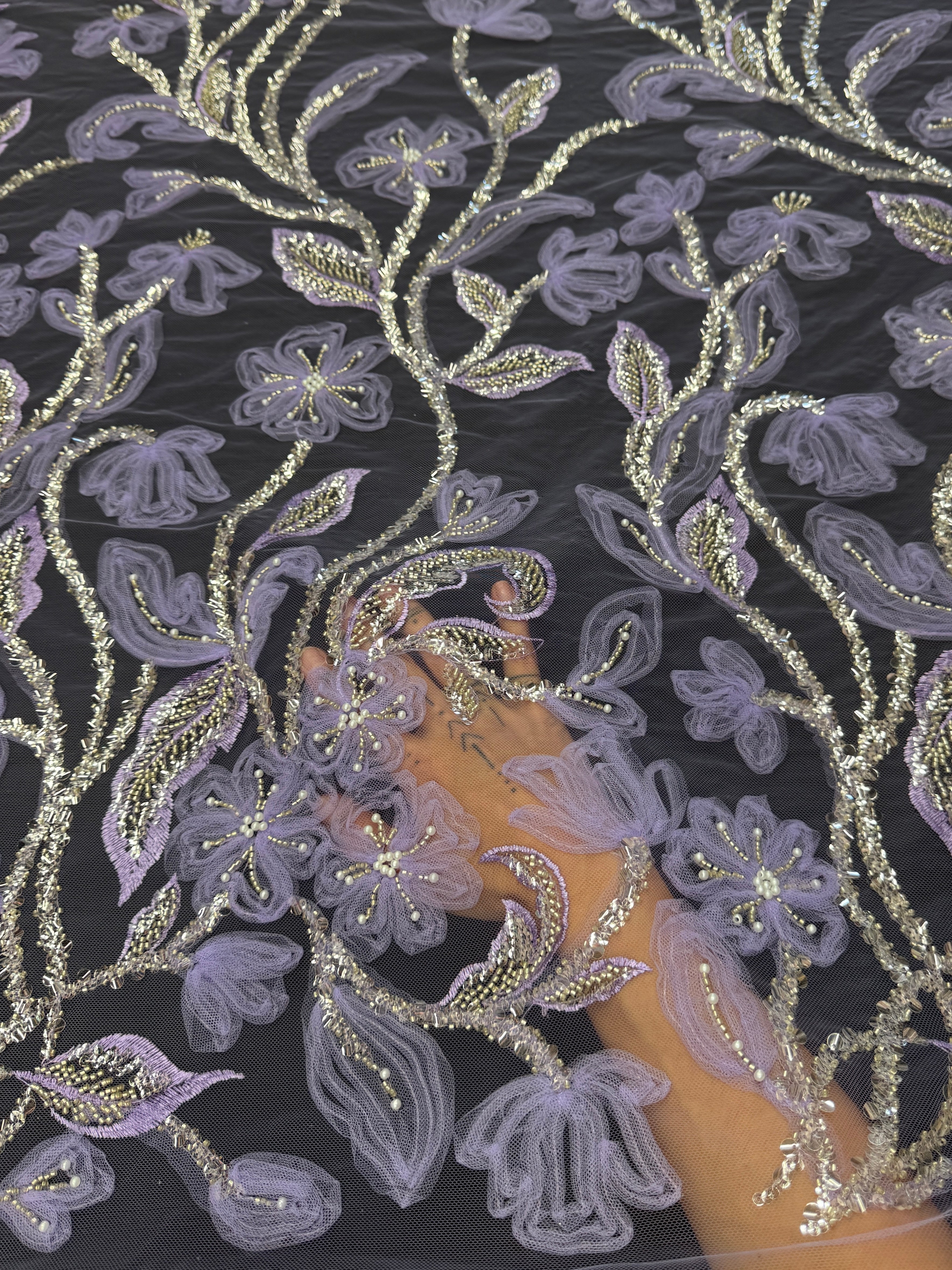 Lavender 3D Floral Tulle Beaded Lace Mesh, Beaded Lace Mesh, Floral Beaded Lace, 3D Flower Lace, Embroidered Tulle Lace, Embellished Tulle Fabric, Luxury Lace Fabric