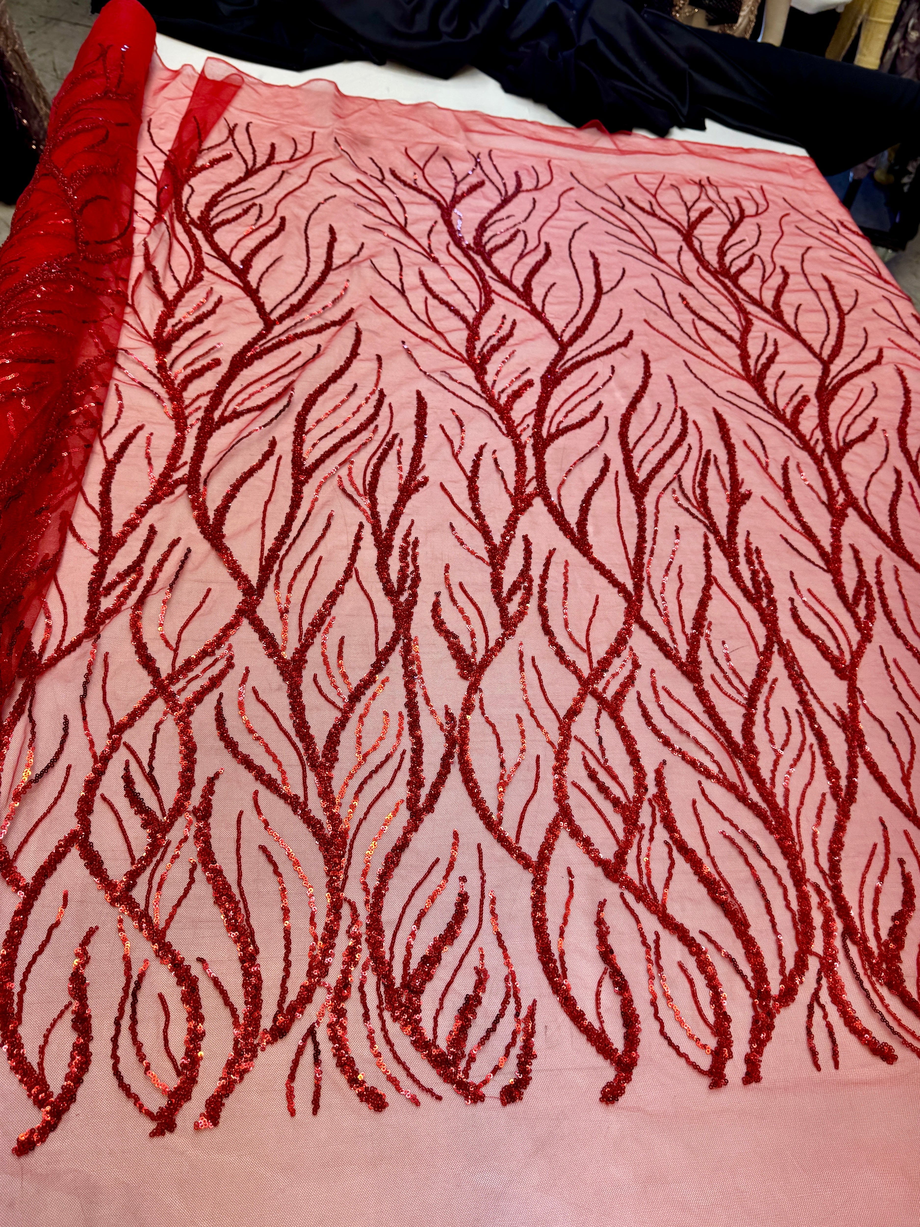 Red Abstract Branch Beaded Sequin Lace on Mesh, Branch Lace Fabric, Beaded Sequin Lace, Sequin Mesh Lace, Beaded Lace Mesh, Abstract Lace Fabric, Embellished Lace Fabric