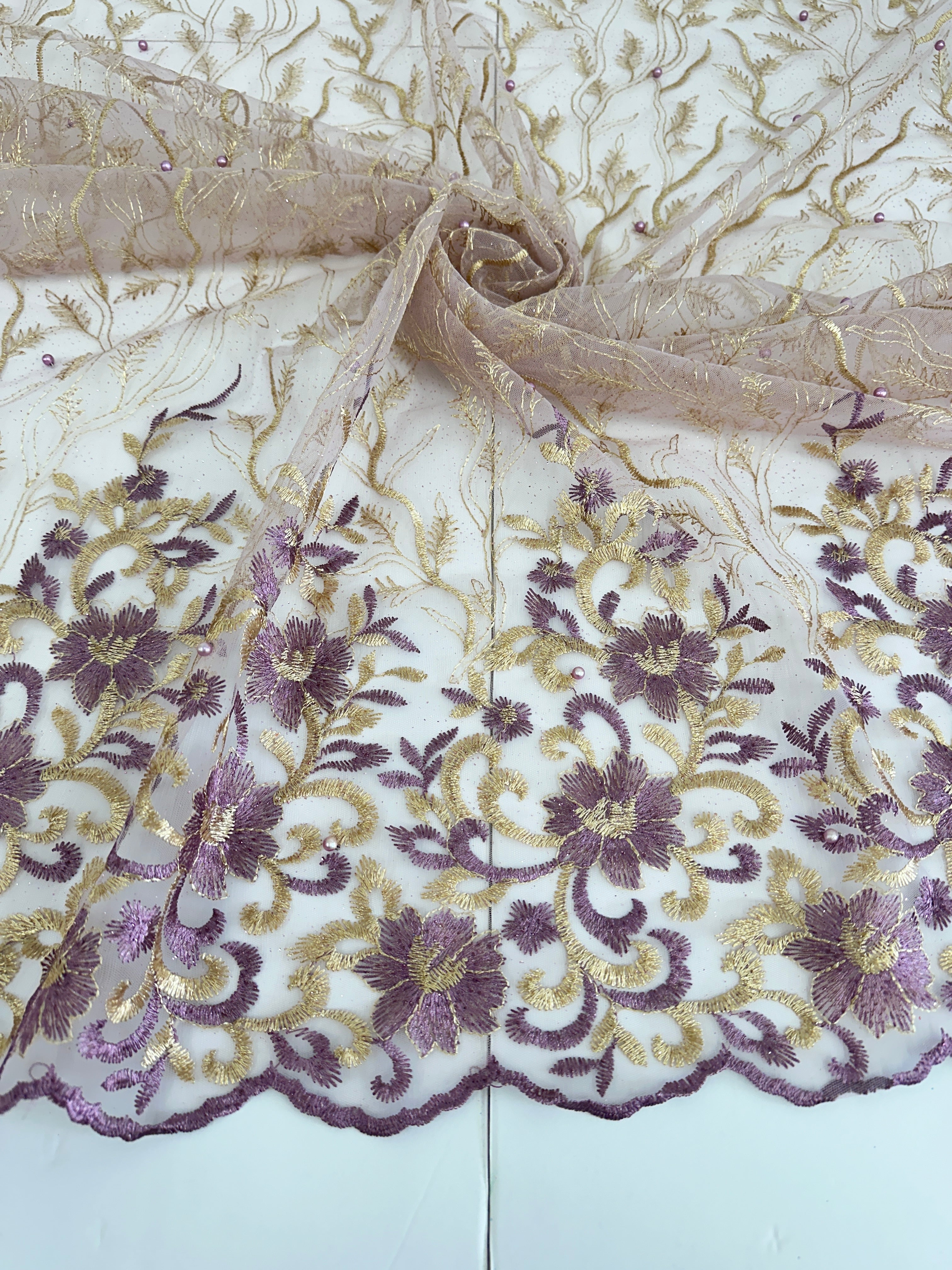 Gold-Lavender Embroidered Glitter Floral Scalloped Lace, Gold-Lavender Lace, Embroidered Lace, Nude Lace Mesh, Lace for Woman, Lace for Bride, Lace on Sale, Lace on Discount
