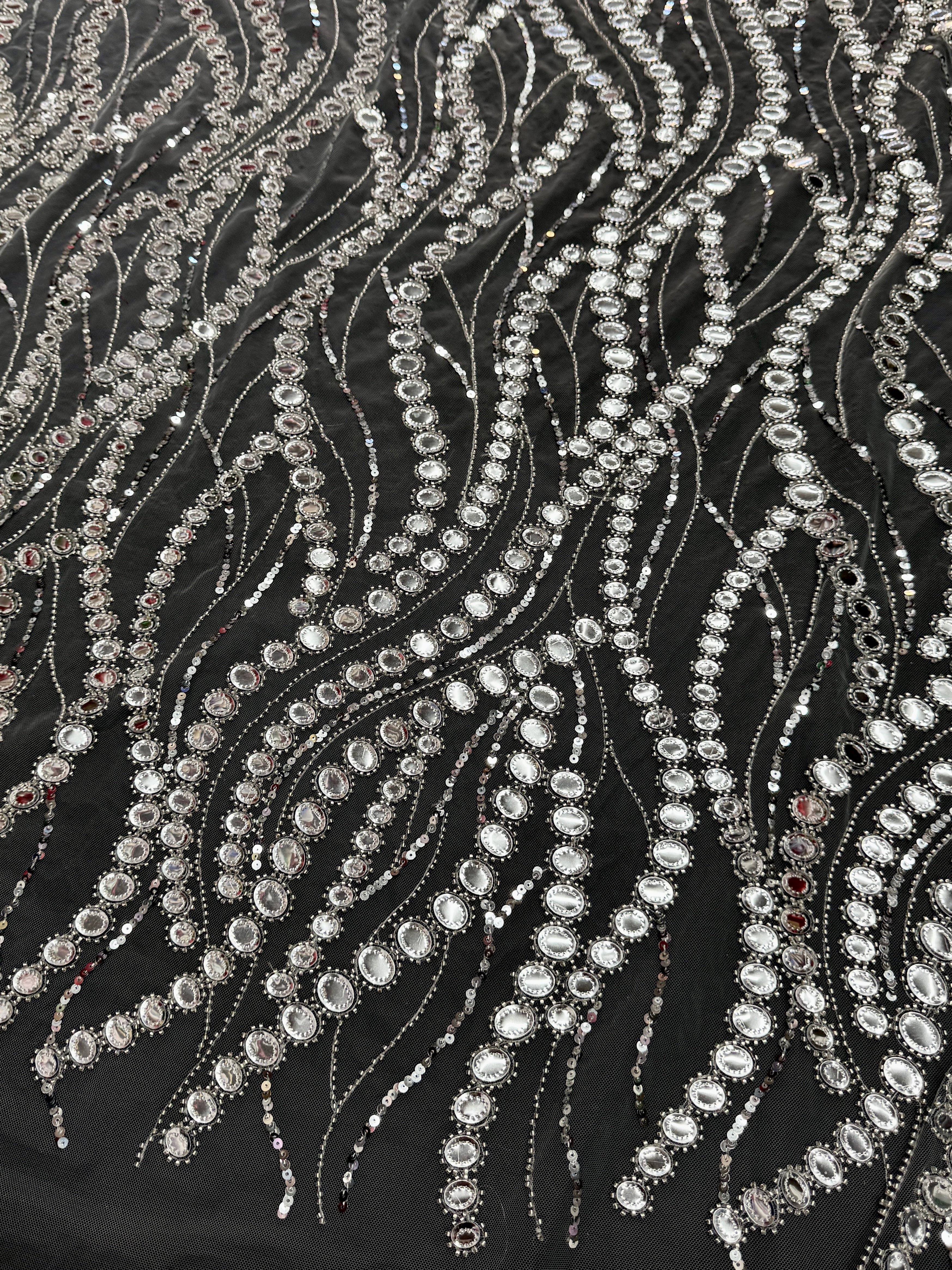 Silver Midnight Mirror Sequin Wave Lace, Wave Sequin Lace, Sequin Wave Lace, Mirror Lace Fabric, Embellished Lace Fabric, Sparkle Lace Fabric, Glitter Lace Fabric, Luxury Lace Fabric, Couture Lace Fabric