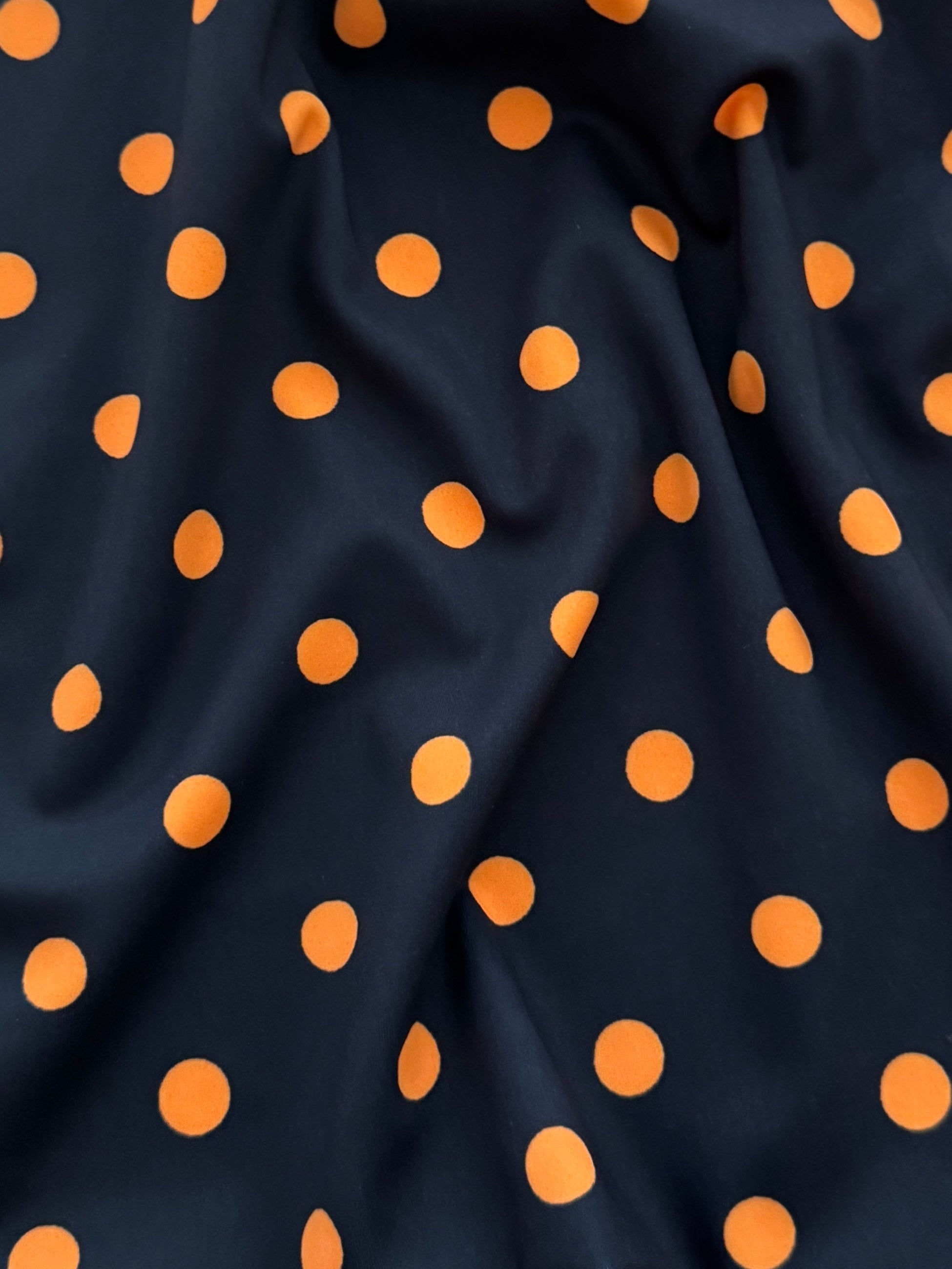 Orange on Black Polka Dot Print Nylon Spandex, Halloween Spandex, Halloween Fabric, Spandex Fabric, Nylon Spandex, Stretch Fabric, 4 Way Stretch, Spooky Fabric