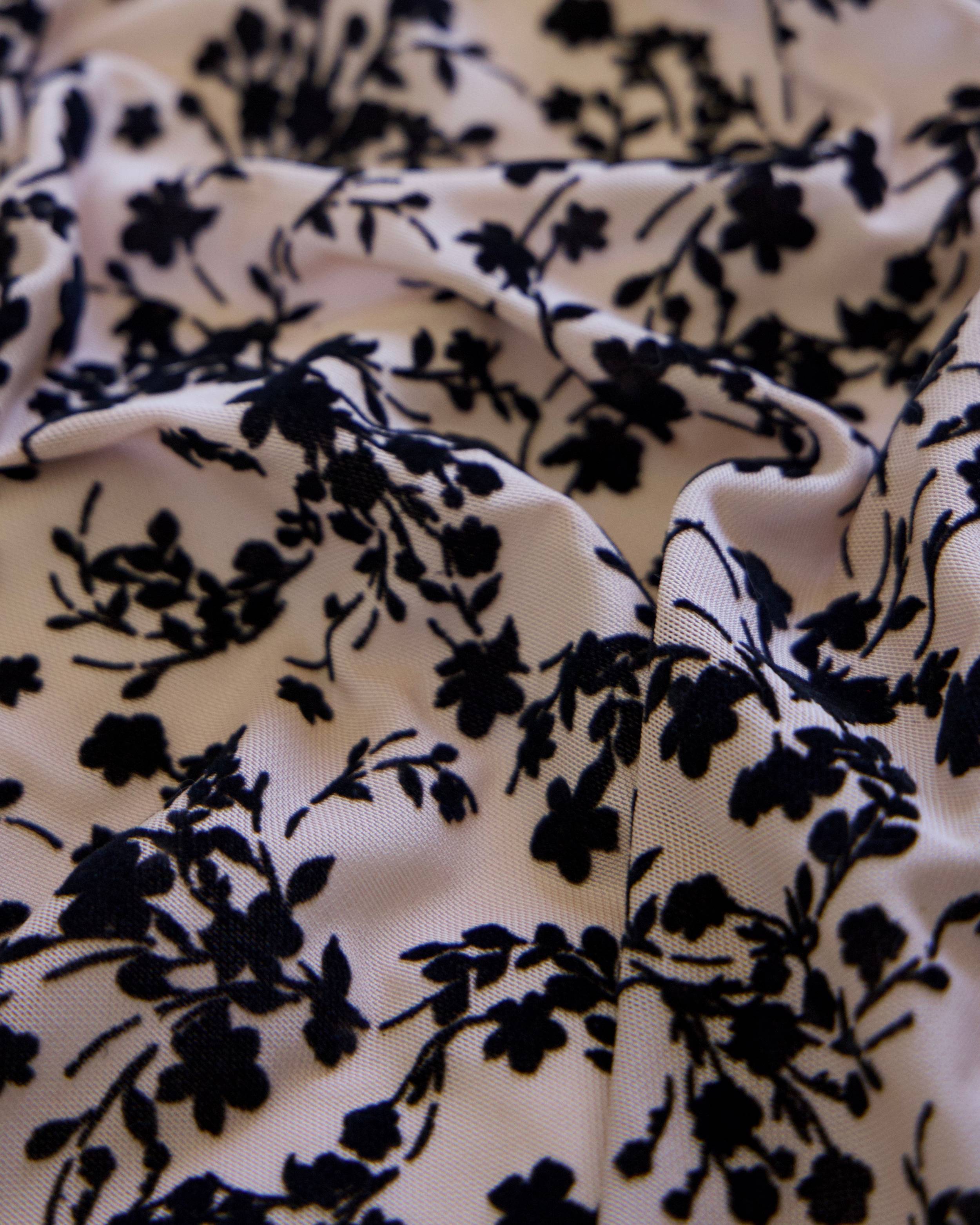 Black Velvet Flowers on Nude Mesh, Floral Mesh Fabric, Velvet Flower Fabric, Black Mesh Fabric, Embroidered Mesh Fabric, Sheer Floral Fabric, Velvet Embroidery Fabric