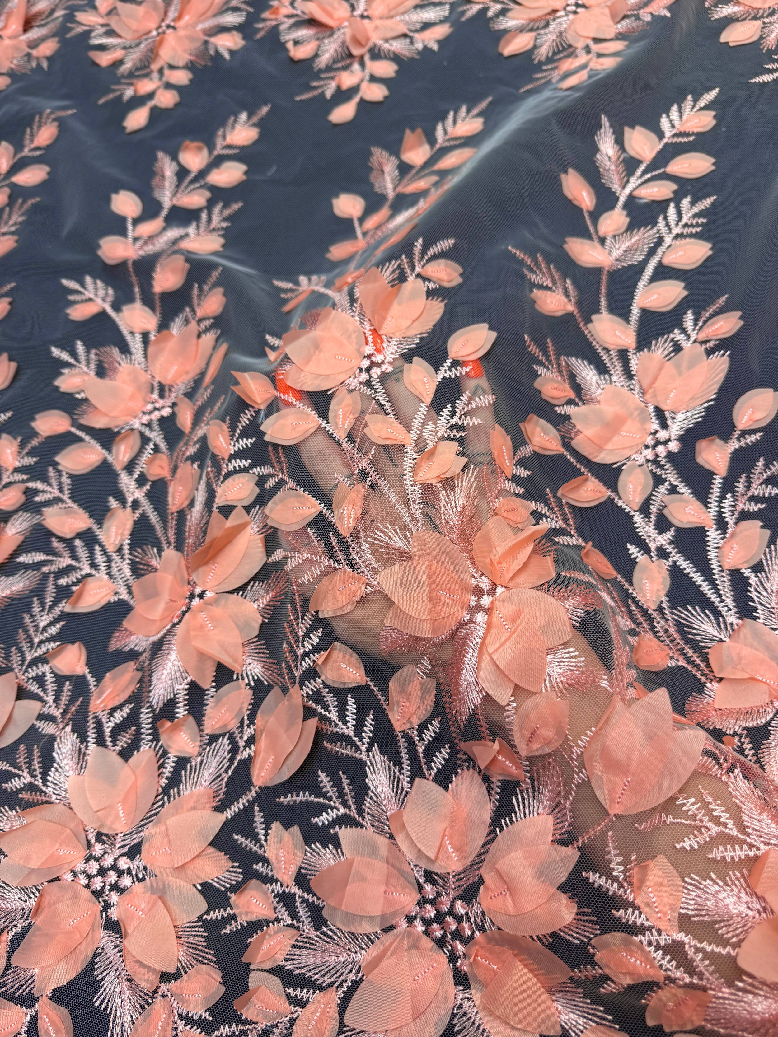 Coral Peach Petals 3D Couture Embroidered Lace, 3d Floral Lace, Embroidered Lace Fabric, 3d Lace Fabric, Floral Applique Lace, Couture Lace Fabric