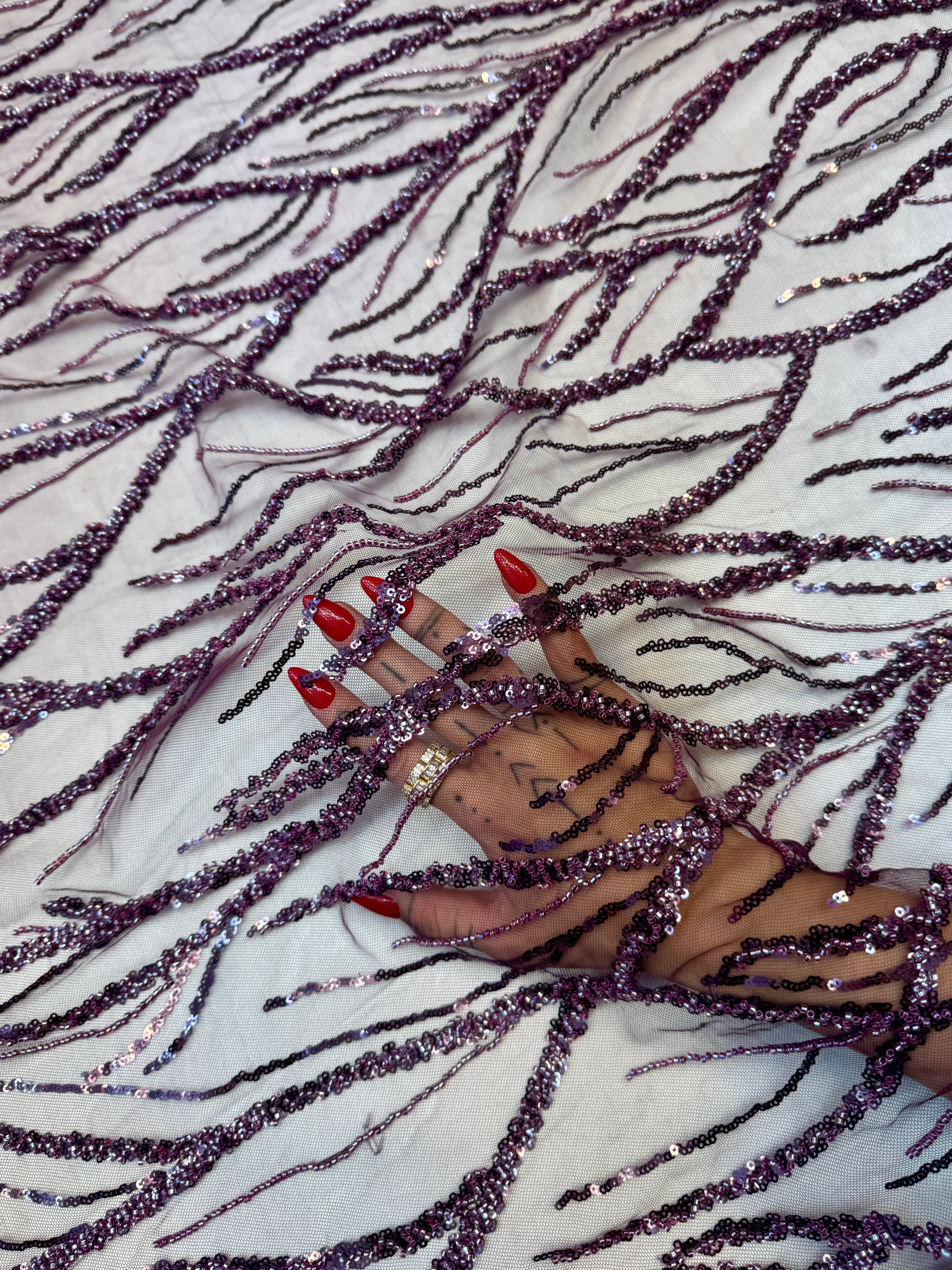 Lavender Abstract Branch Beaded Sequin Lace on Mesh, Branch Lace Fabric, Beaded Sequin Lace, Sequin Mesh Lace, Beaded Lace Mesh, Abstract Lace Fabric, Embellished Lace Fabric