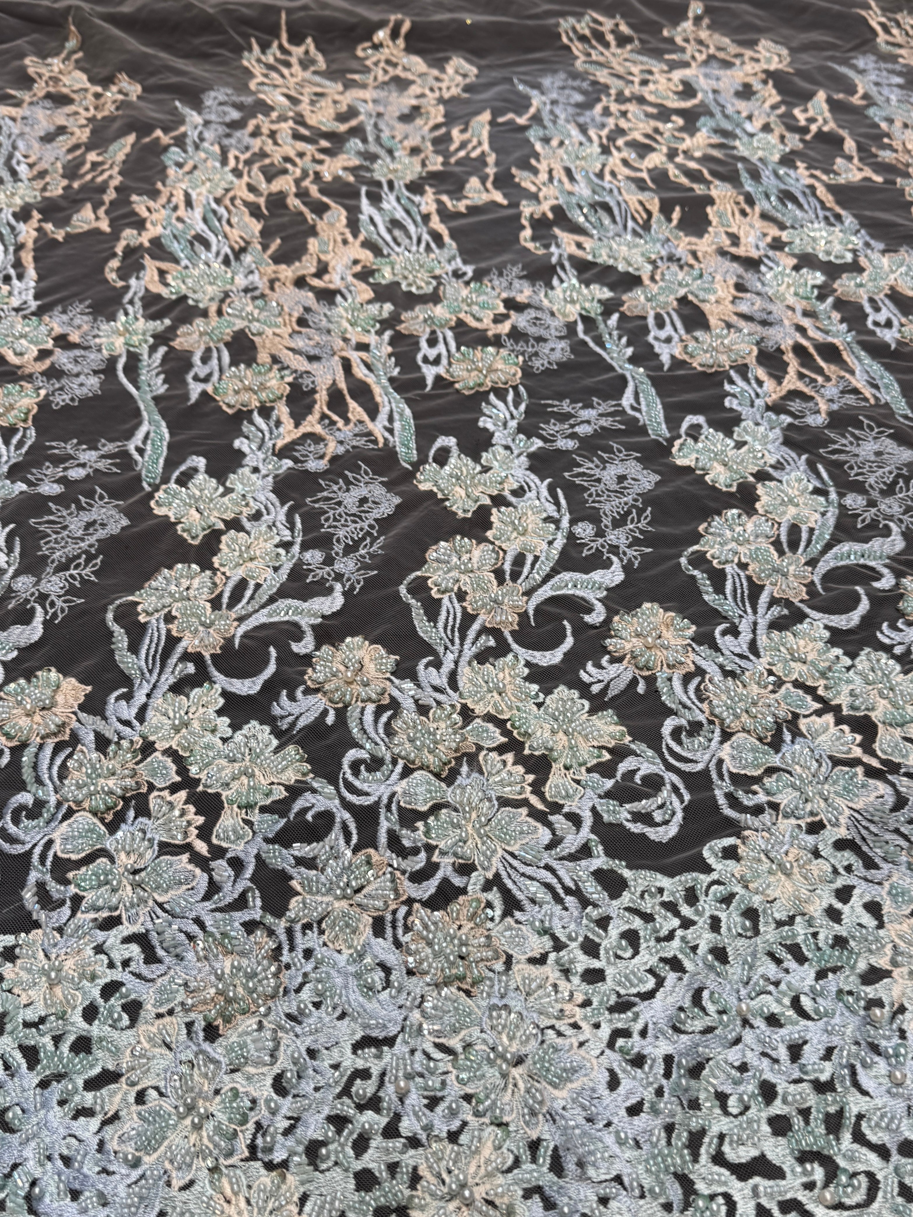 Blush-Mint Pearl Beaded Floral Embroidery Lace, Floral Embroidery Lace, Beaded Floral Lace, Pearl Lace Fabric, Embroidered Lace Fabric, Floral Lace Fabric, Beaded Lace Fabric, Embellished Lace Fabric