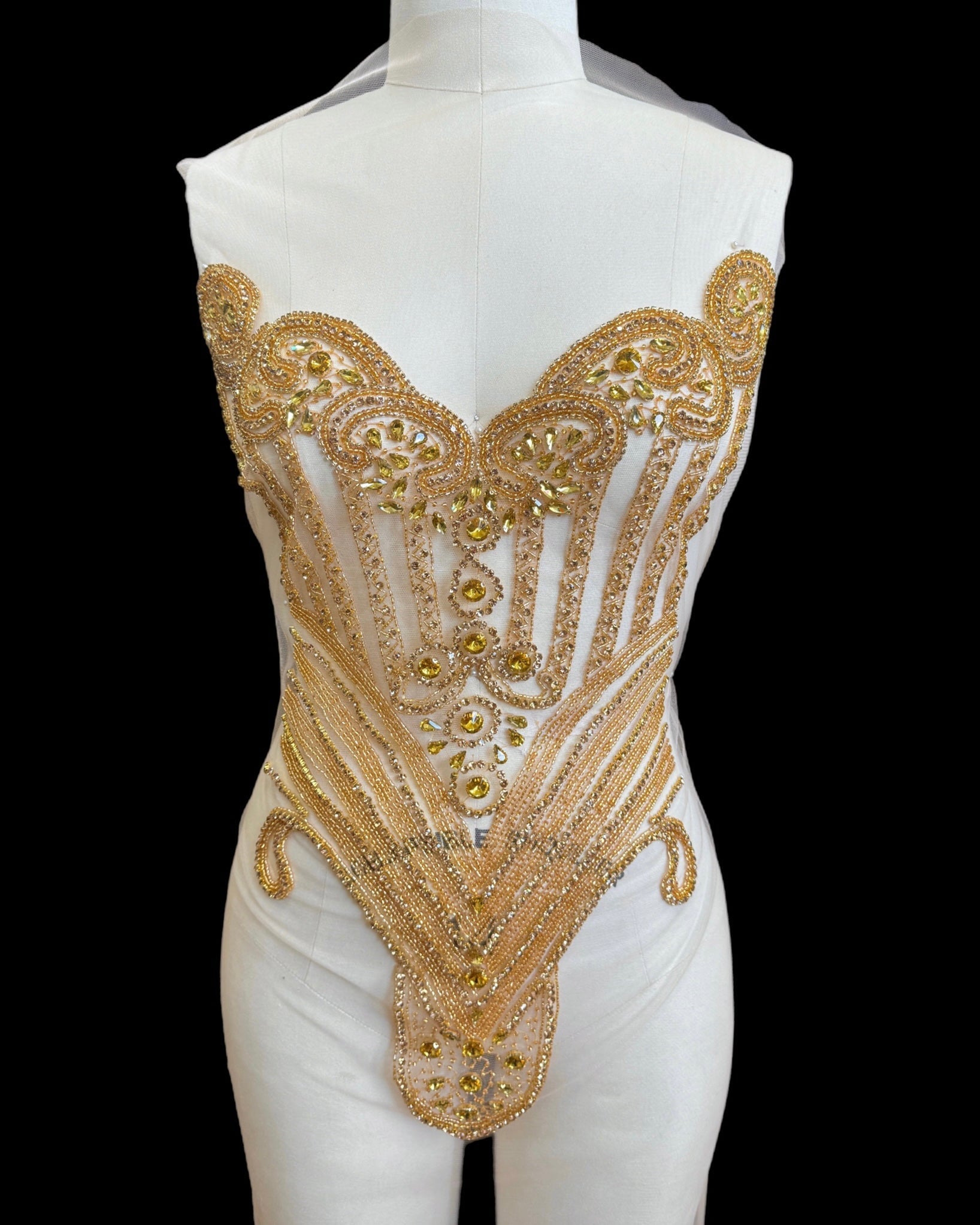 Rachael Gold Rhinestone Bodice Applique, gold rhinestone, dark gold rhinestone, light gold rhinestone,  