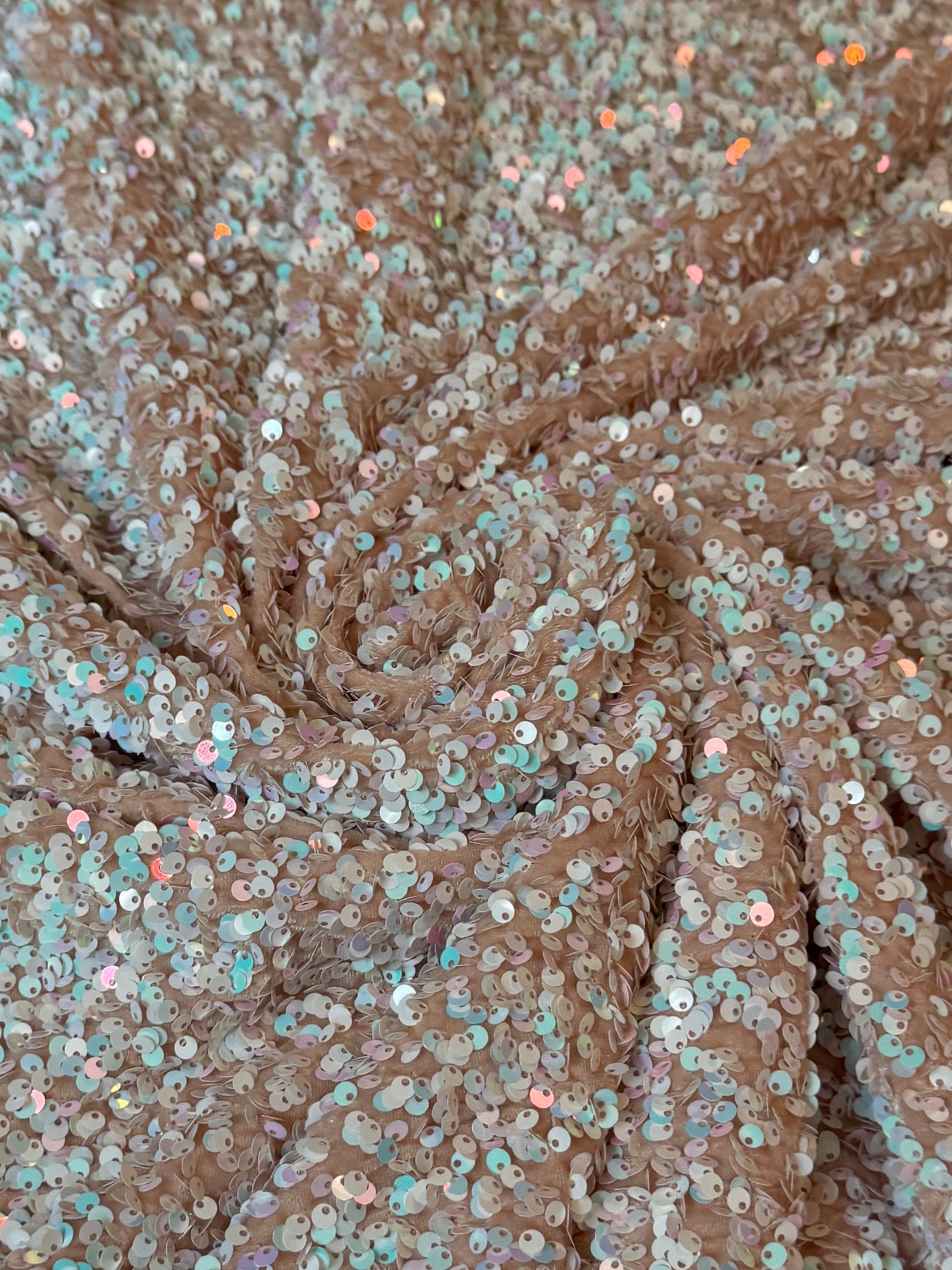 Champagne Iridescent Sequin on Velvet (Exclusive Color), Sequin on velvet, Sequin velvet for woman, Sequin velvet for bride, Sequin velvet on discount, Velvet fabric for dress