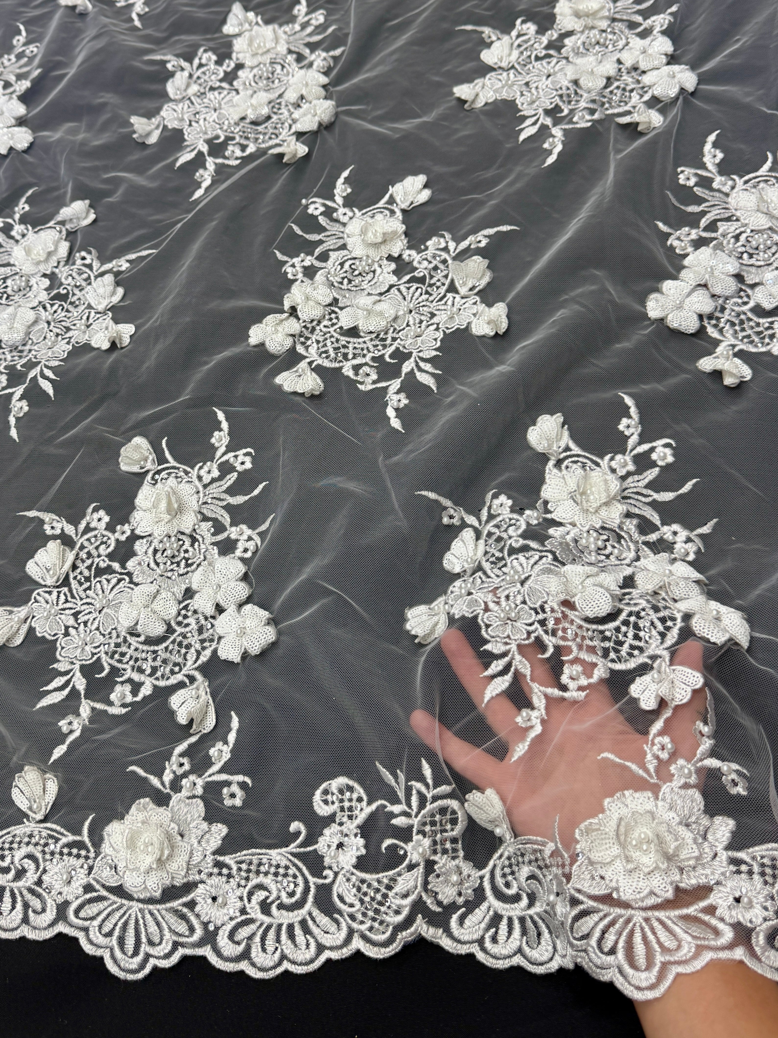 Off White Couture 3D Sequin Flower Pearl Embroidered Lace, Couture Lace Fabric, Floral Sequin Lace, Pearl Embroidered Lace, 3D Flower Lace, Embellished Lace Fabric, Luxury Lace Fabric