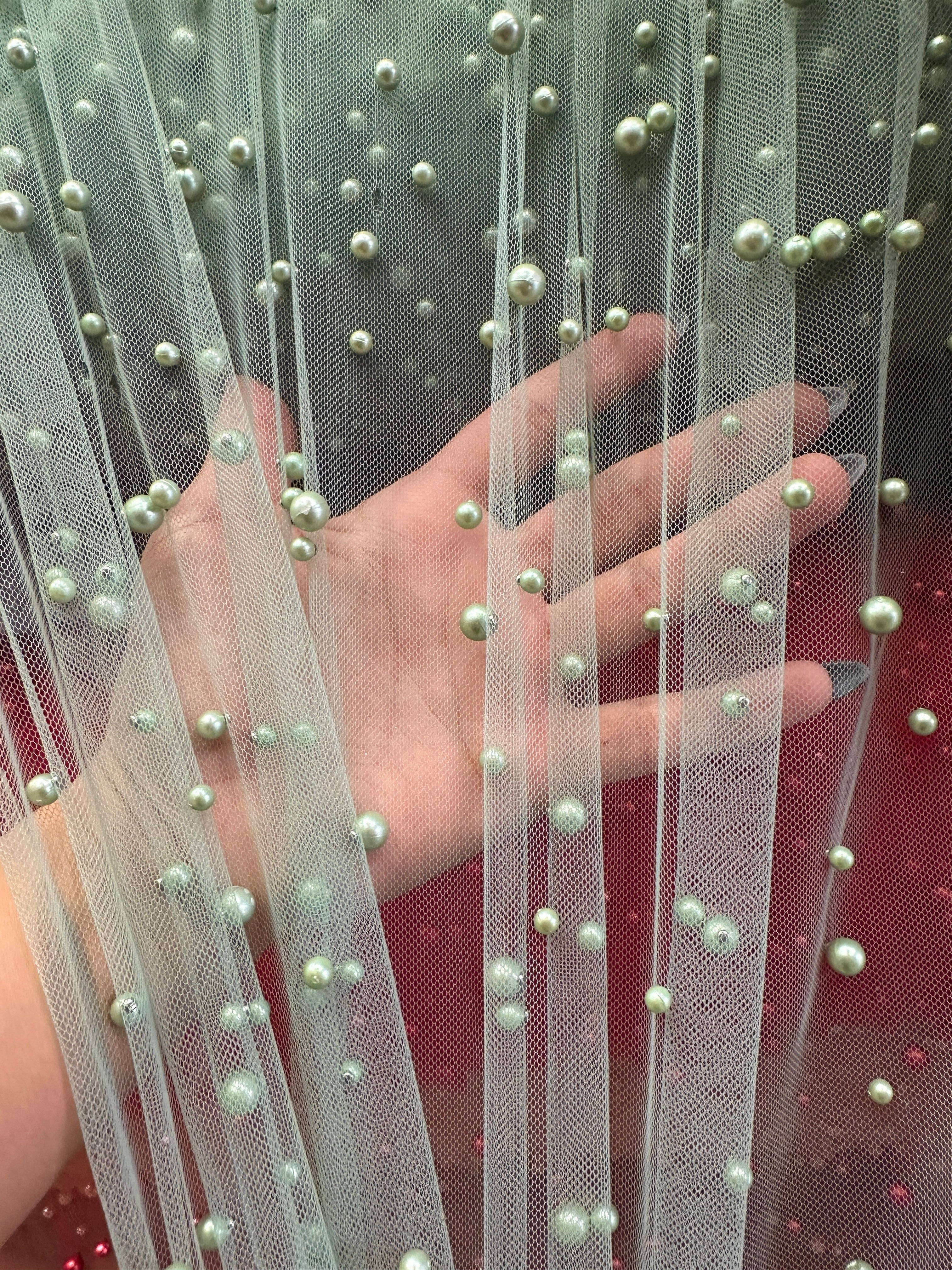 Sage Green Pearl Tulle on 2 way stretch mesh fabric 