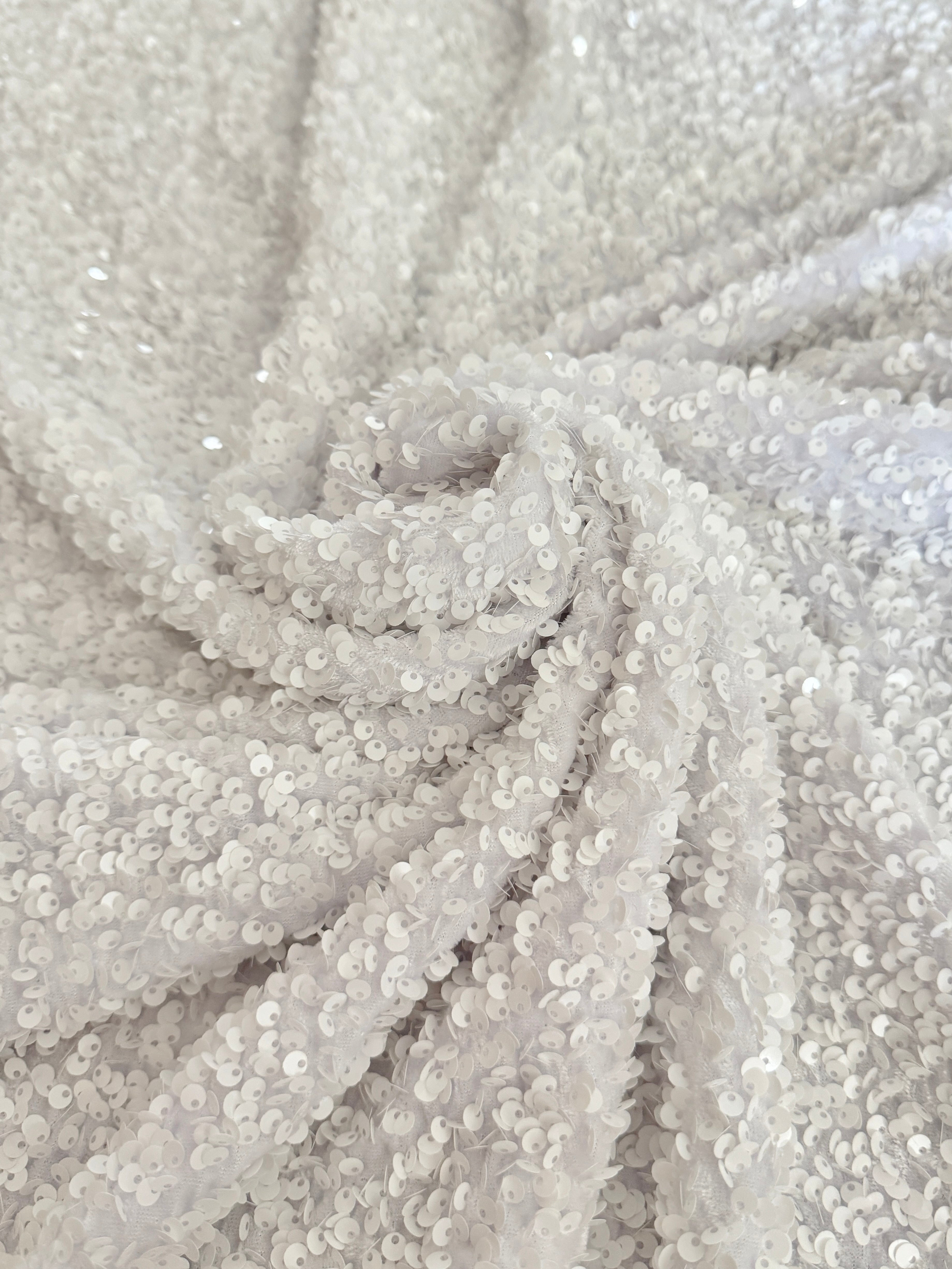 Staple White Sequin on Velvet, Sequin on velvet, Sequin velvet for woman, Sequin velvet for bride, Sequin velvet on discount, Velvet fabric for dress