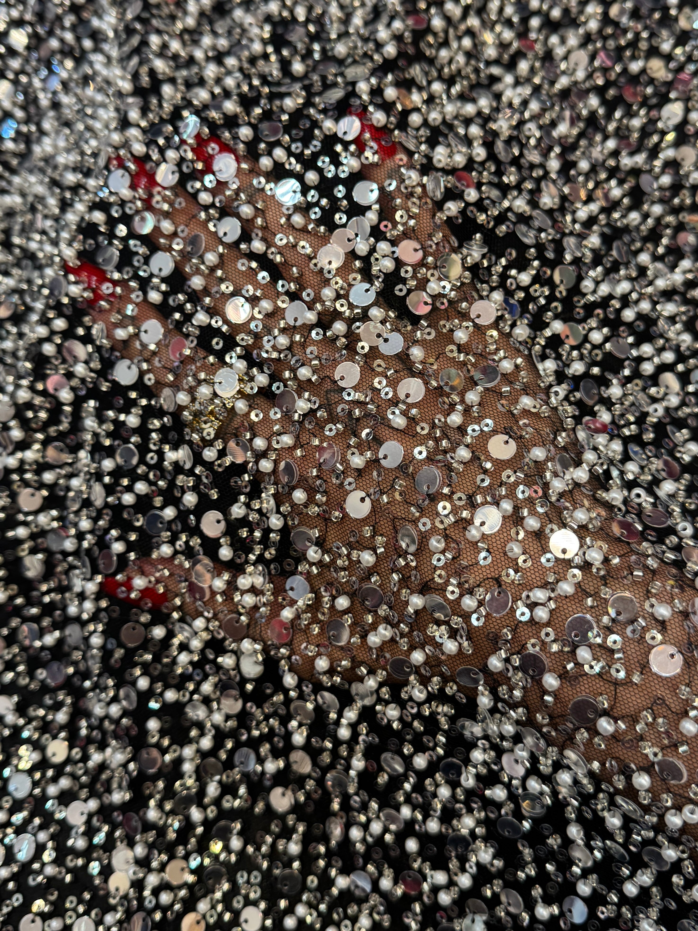 Silver Beaded Sequin Pearl Embroidered Mesh Lace, Pearl Embroidered Lace, Sequin Mesh Lace, Beaded Lace Mesh, Pearl Lace Fabric, Embroidered Mesh Lace, Embellished Lace Fabric