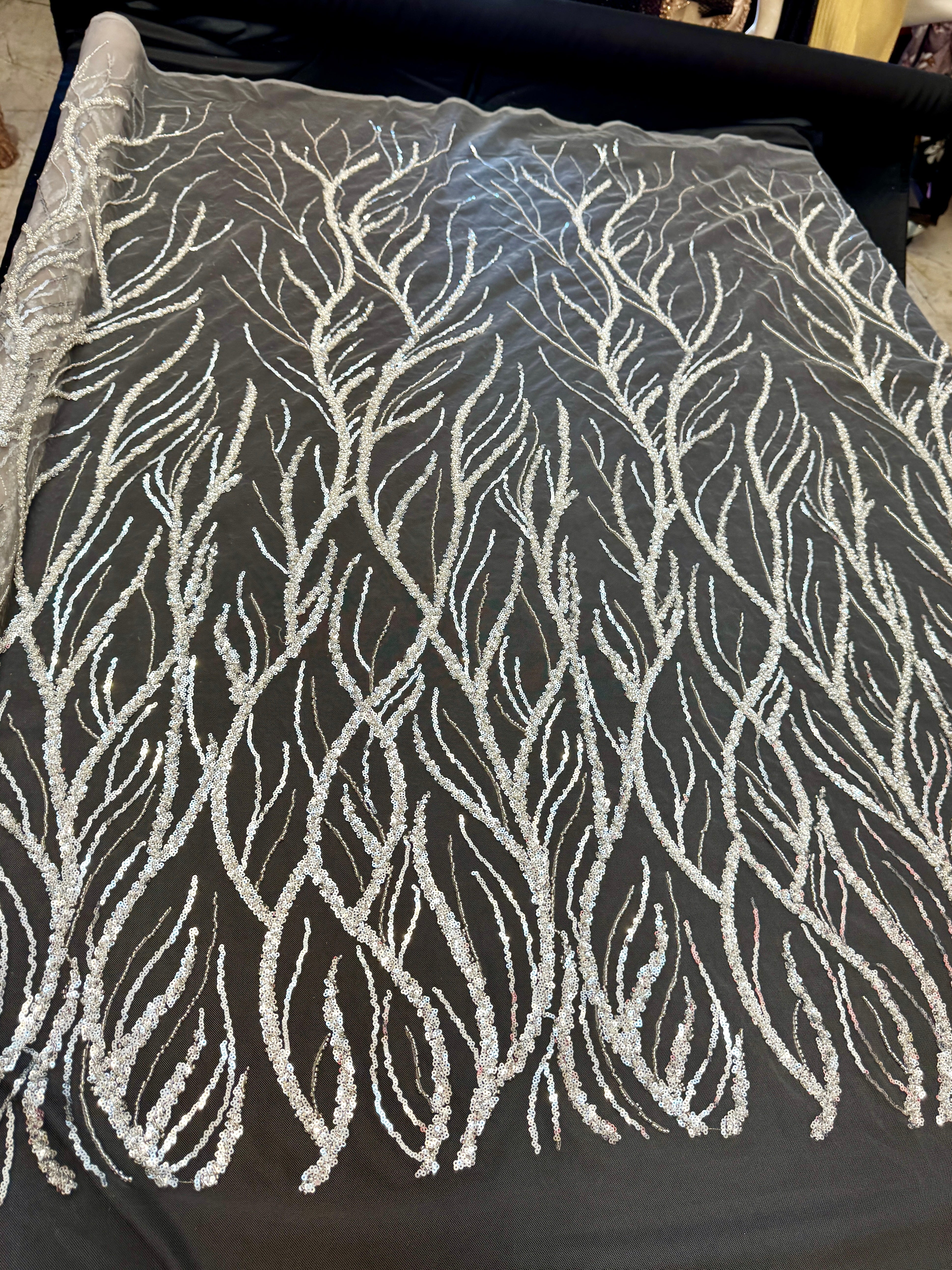 Silver Abstract Branch Beaded Sequin Lace on Mesh, Branch Lace Fabric, Beaded Sequin Lace, Sequin Mesh Lace, Beaded Lace Mesh, Abstract Lace Fabric, Embellished Lace Fabric