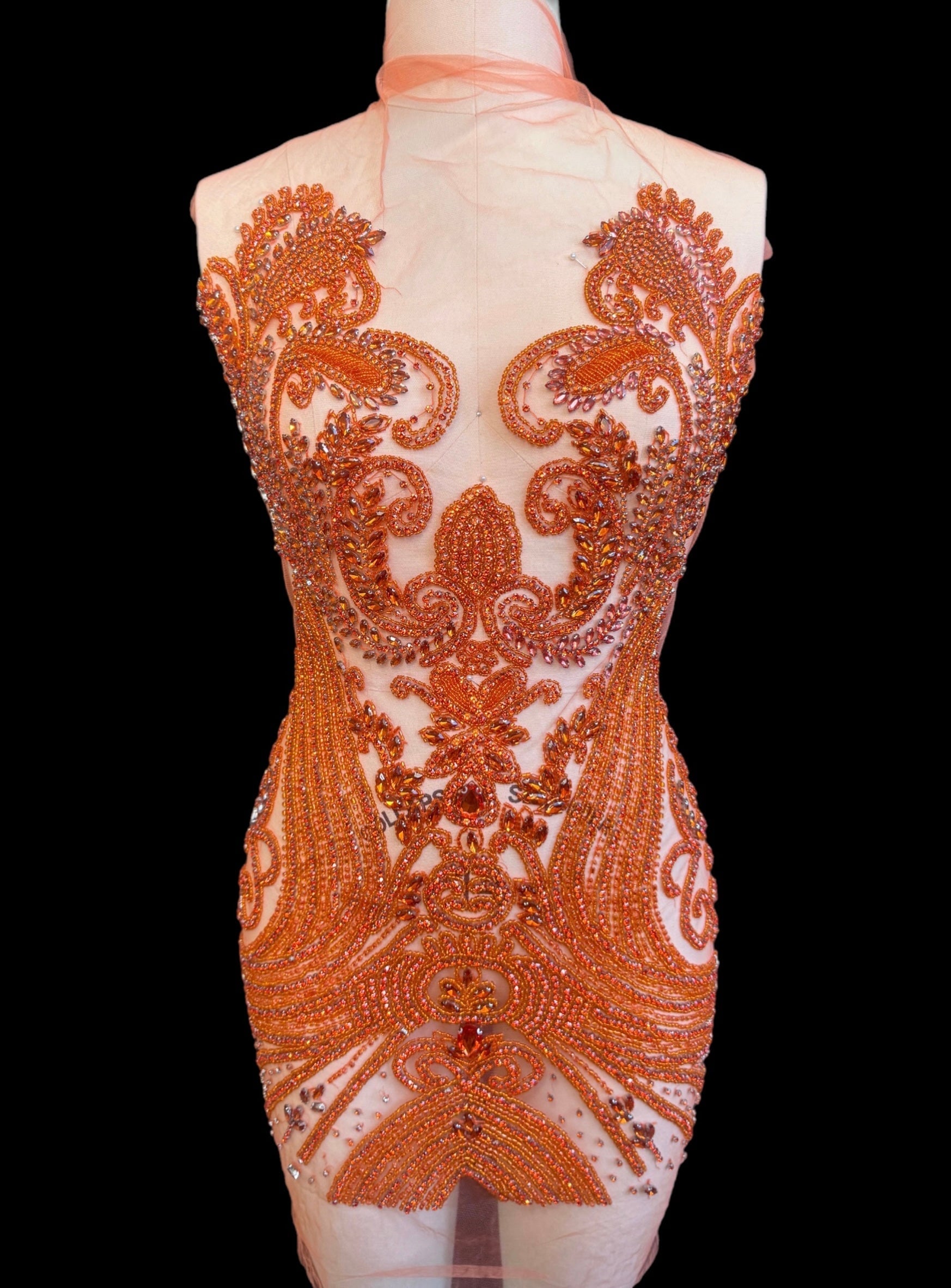 Deborah Orange Rhinestones Bodice Applique, orange rhinestone, light orange rhinestone, dark orange rhinestone  