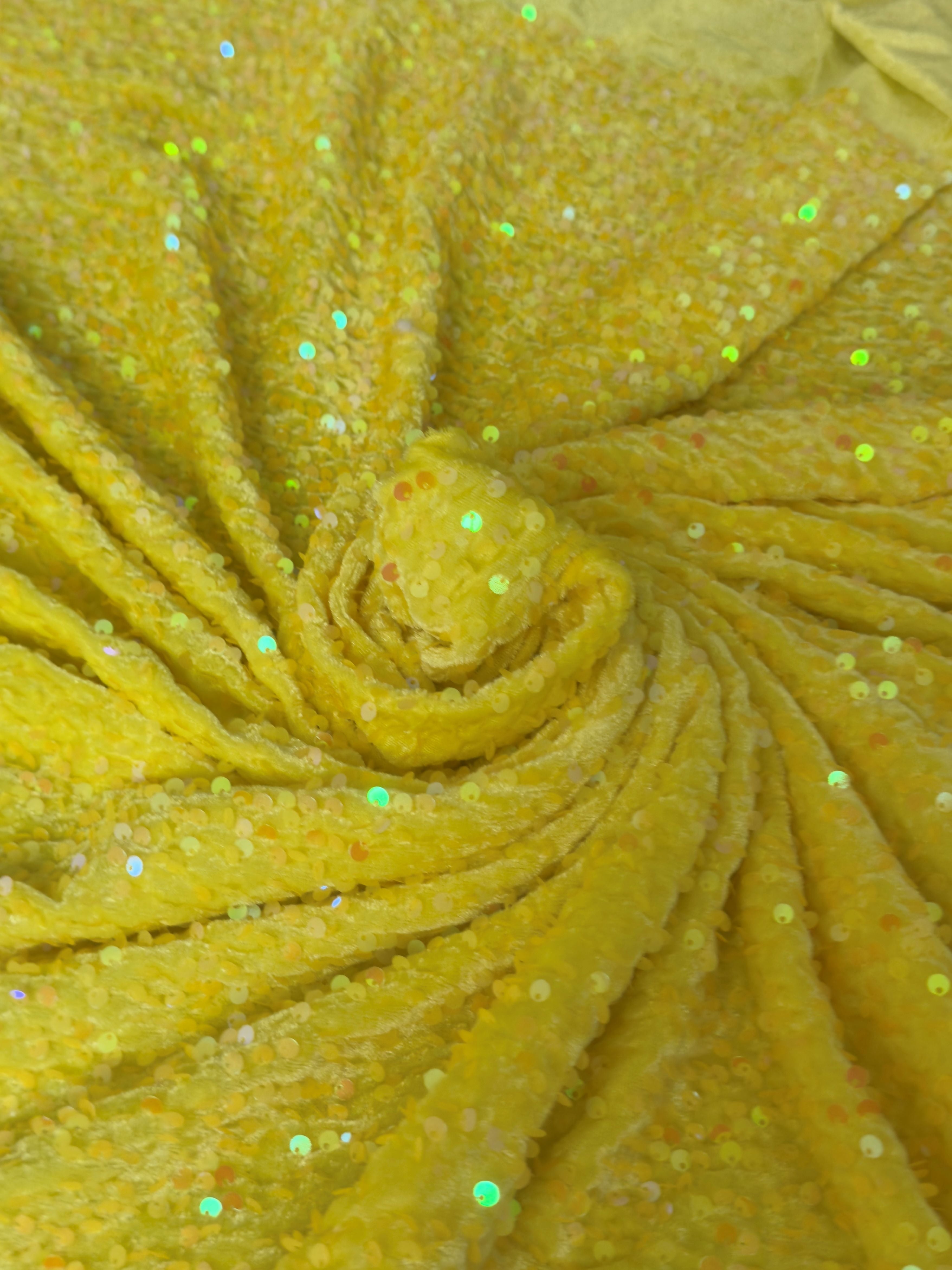 Banana Yellow Sequins Velvet, Sequins Velvet, Stretch Sequin Mesh, Stretch Sequin velvet for woman, Stretch Sequin velvet for bride, Stretch Sequin velvet on discount, Stretch Sequin velvet online