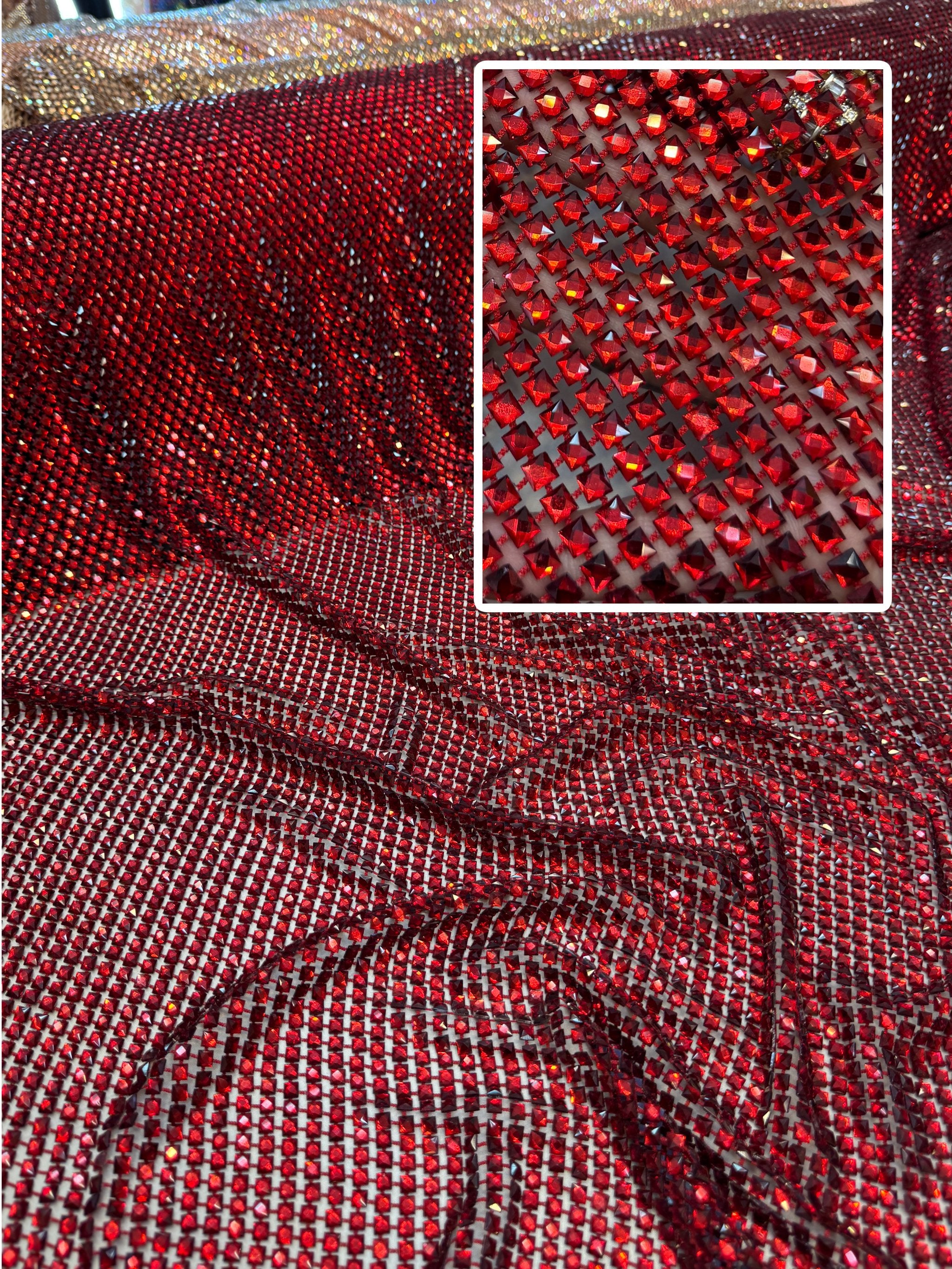 Red Luxury Rhinestone Mesh, Rhinestone Mesh Fabric, Crystal Mesh Fabric, Beaded Mesh Fabric, Embellished Mesh Fabric, Sequin Mesh Fabric, Sparkle Mesh Fabric