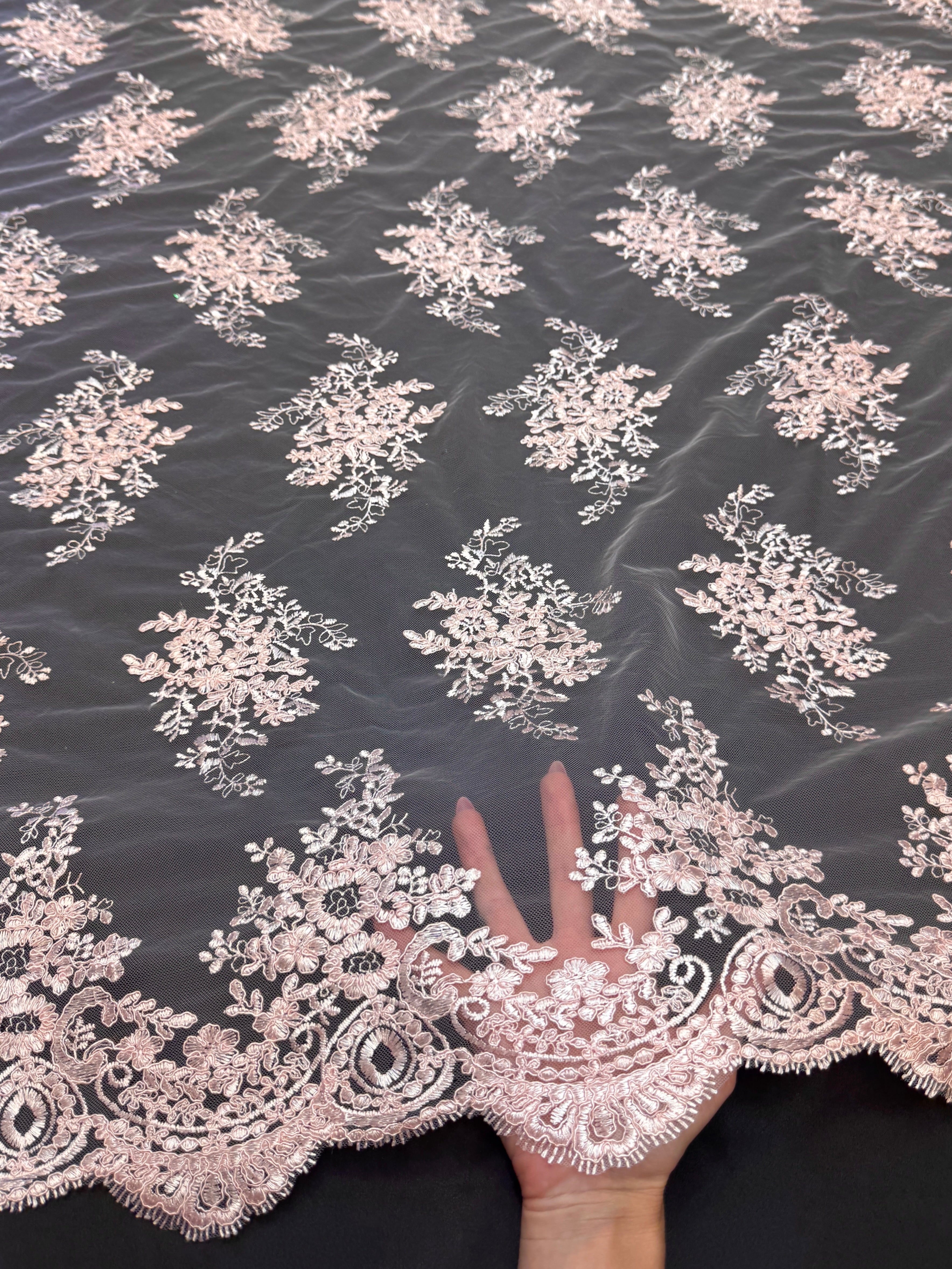 Blush Pink Fleur Scalloped Lace Mesh, Scalloped Lace Fabric, Fleur Lace Fabric, Embroidered Lace Mesh, Sheer Lace Fabric, Floral Mesh Fabric, Bridal Lace Fabric