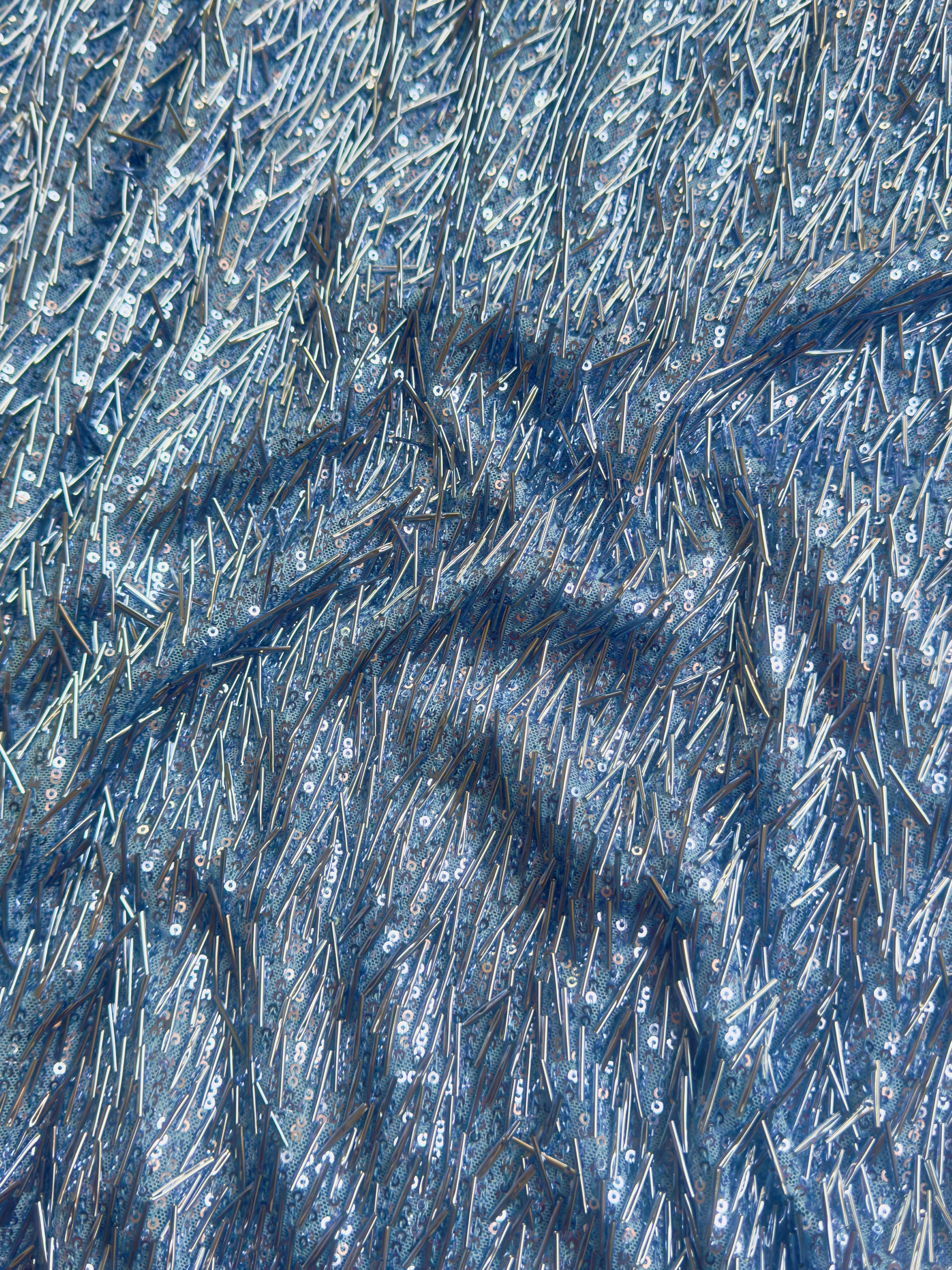 Sky Blue Fringe Sequin on Mesh, Sky Blue Sequin Mesh for woman, Fringe Sequin Mesh for bride, Non-Stretch Mesh on sale, Sequin Mesh on discount, sequin fabric online
