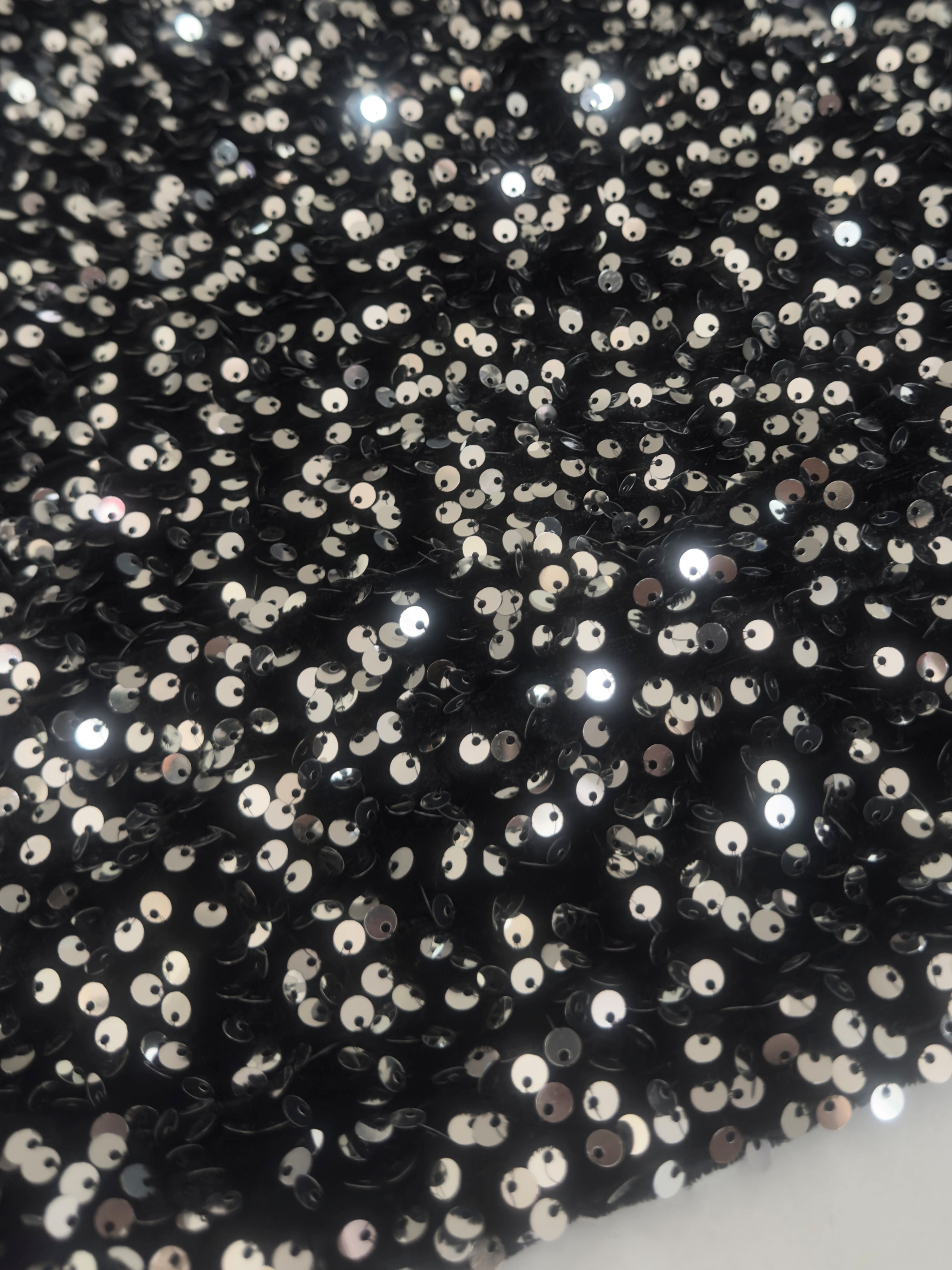 Silver - Black Sequins Velvet, Stretch Sequin Mesh, Stretch Sequin velvet for woman, Stretch Sequin velvet for bride, Stretch Sequin velvet on discount, Stretch Sequin velvet online