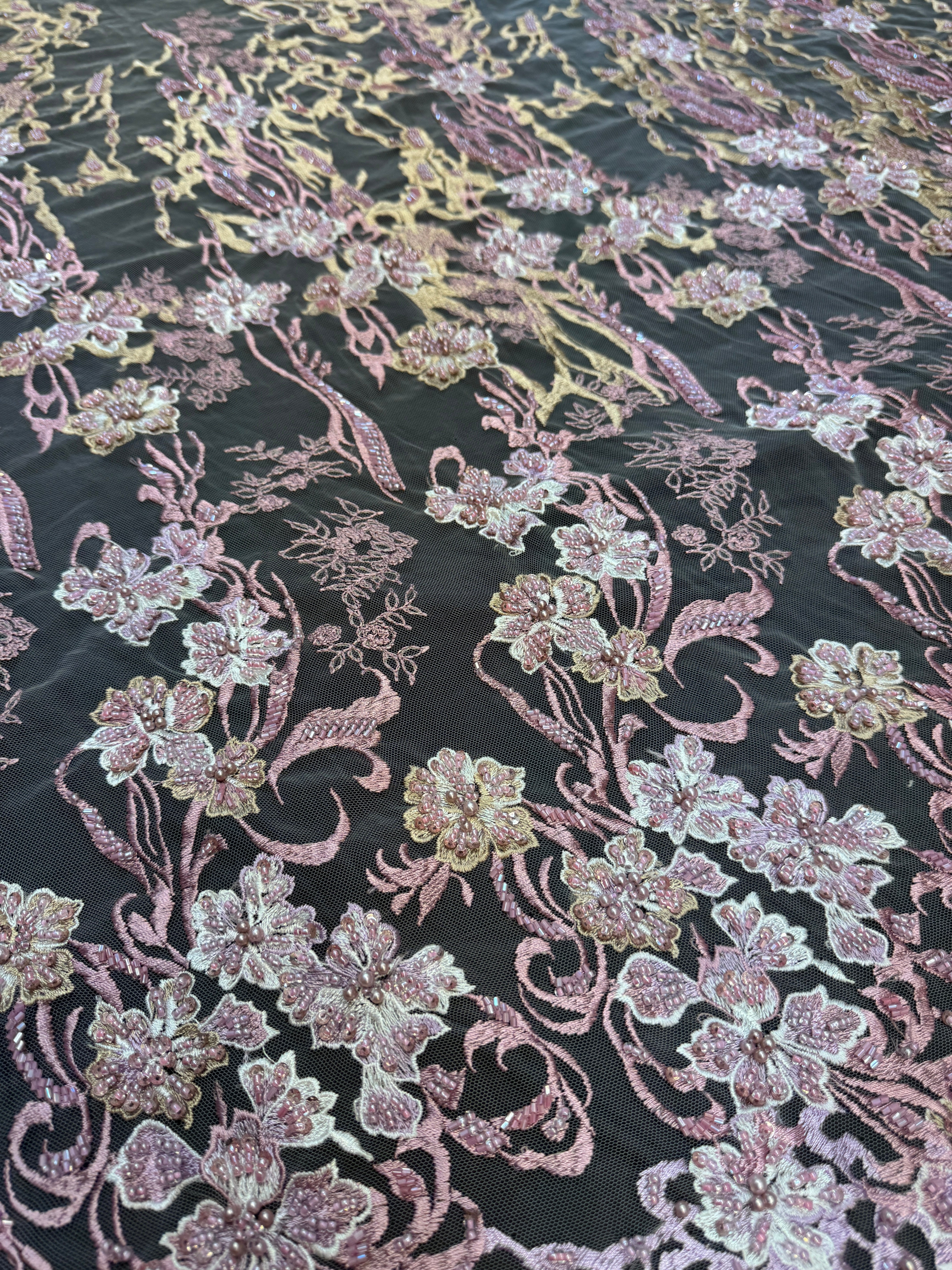 Blush-Mauve Pearl Beaded Floral Embroidery Lace, Floral Embroidery Lace, Beaded Floral Lace, Pearl Lace Fabric, Embroidered Lace Fabric, Floral Lace Fabric, Beaded Lace Fabric, Embellished Lace Fabric