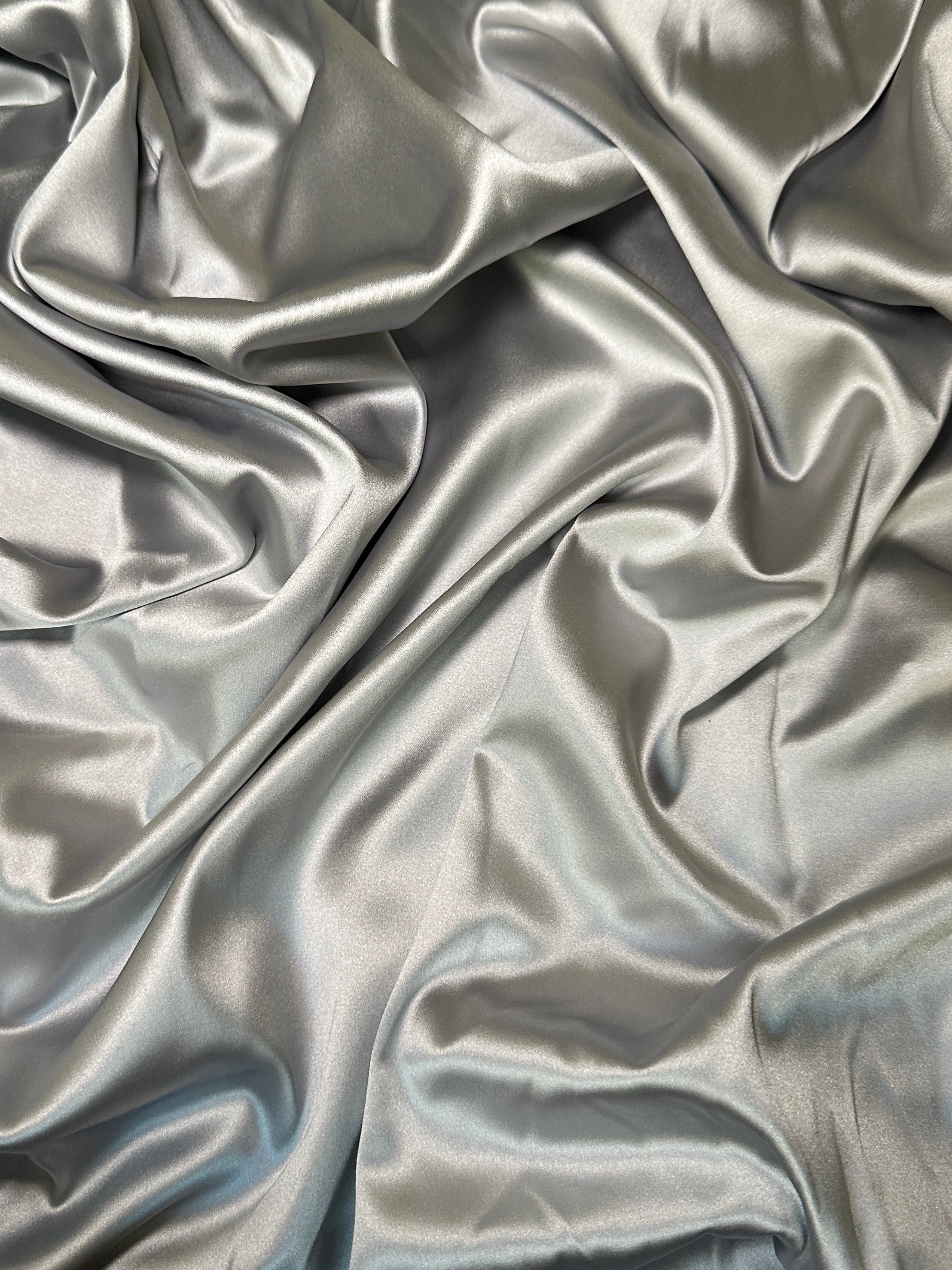 Silver Stretch Crepe Back Satin, Stretch crepe back satin, premium stretch crepe back satin, satin for bride, satin for woman, satin in low price, cheap satin, satin on sale