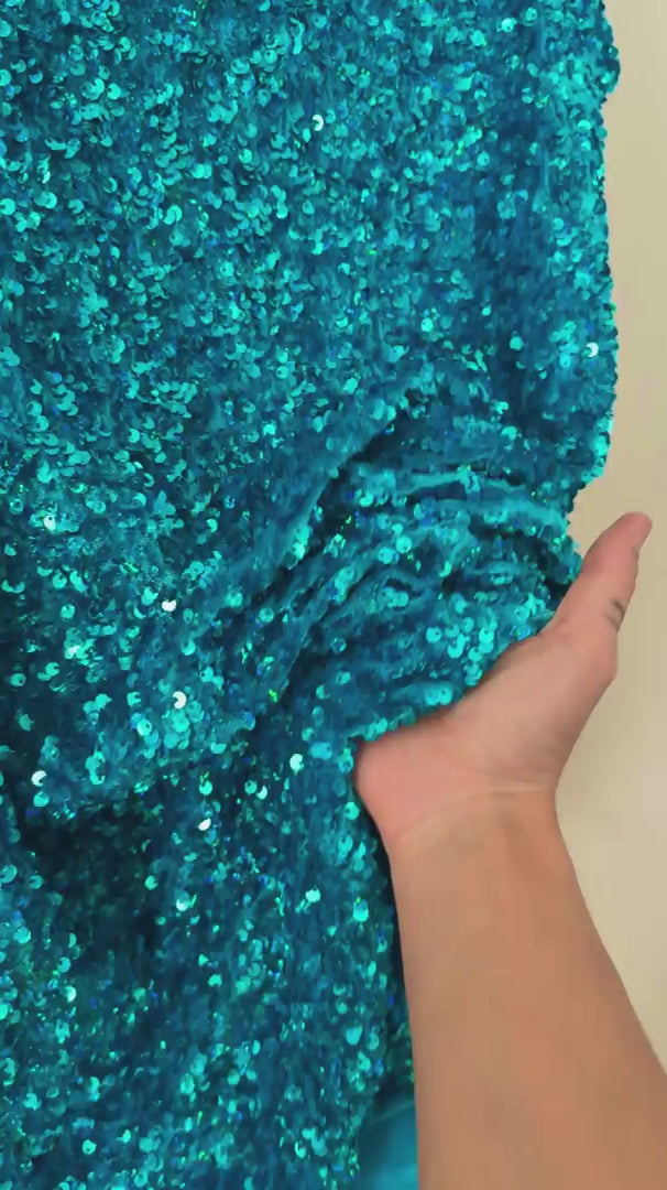 Iridescent Turquoise Sequin on Velvet (Exclusive Color), Sequin on velvet, Sequin velvet for woman, Sequin velvet for bride, Sequin velvet on discount, Velvet fabric for dress