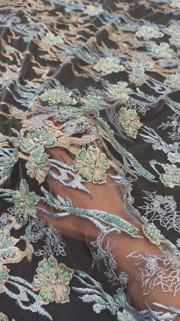 Blush-Mint Pearl Beaded Floral Embroidery Lace, Floral Embroidery Lace, Beaded Floral Lace, Pearl Lace Fabric, Embroidered Lace Fabric, Floral Lace Fabric, Beaded Lace Fabric, Embellished Lace Fabric