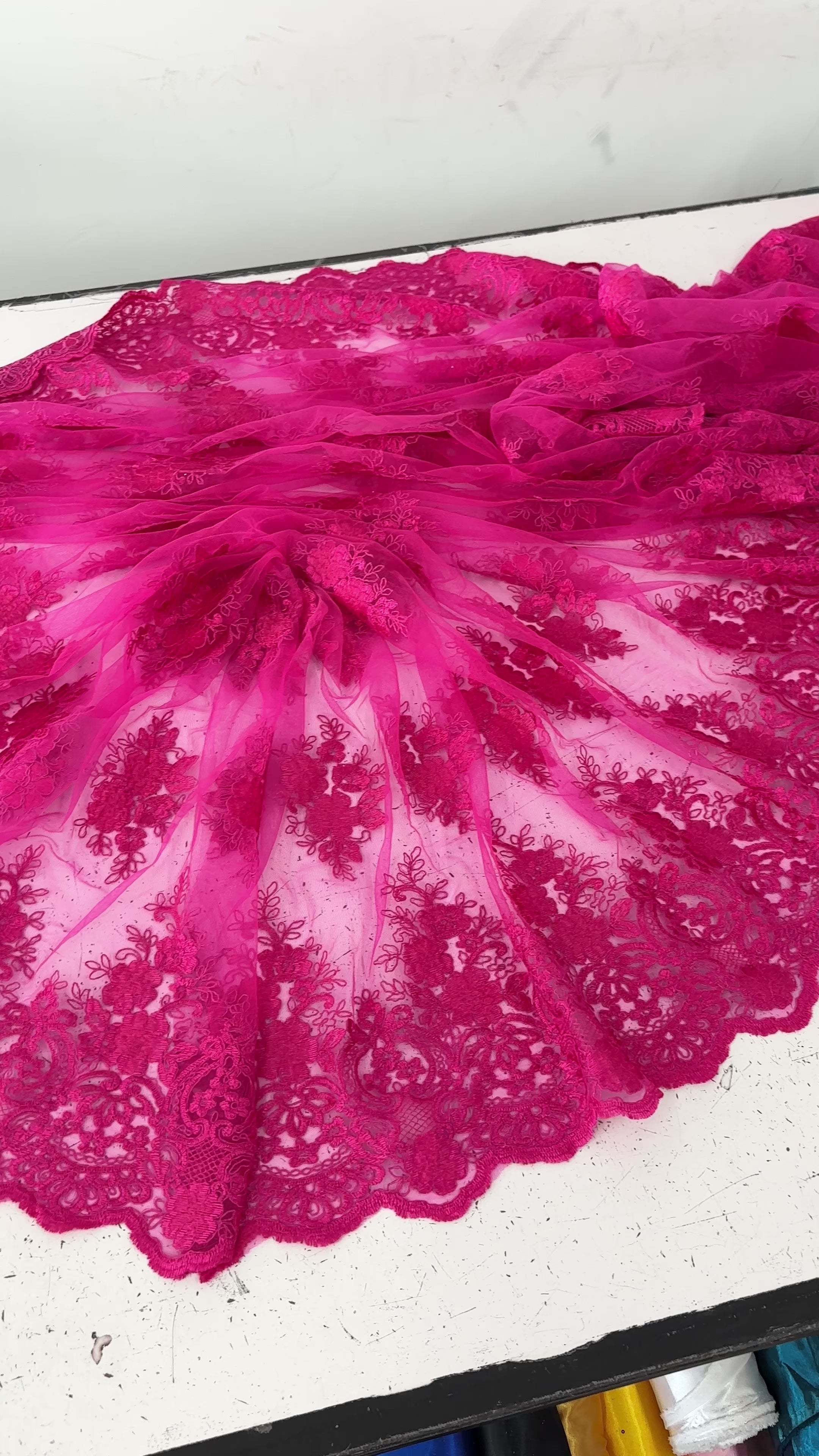 Fuchsia Embroidered Lace, pink Lace, dark pink lace, lace for woman, lace for bride, lace on discount, lace on sale, premium lace, kiki textile lace, lace for party wear dresses