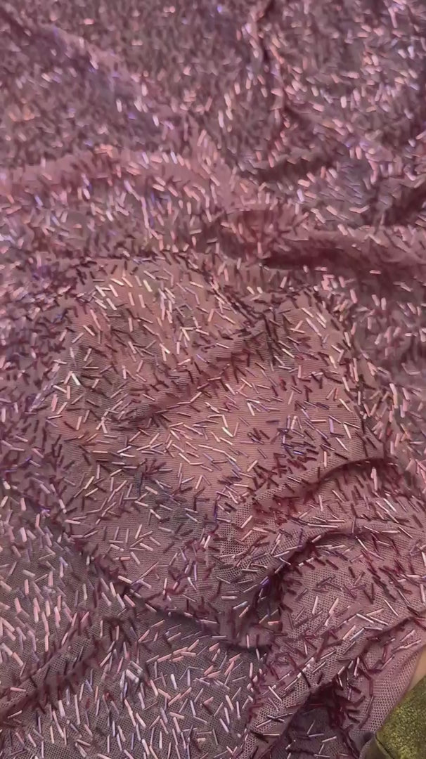 Dusty Rose Bugle Beaded Stretch Mesh, Beaded Stretch Mesh, Stretch Mesh Fabric, Bugle Bead Fabric, Beaded Mesh Fabric, Embellished Mesh Fabric, Stretch Beaded Fabric, Mesh Fabric Stretch