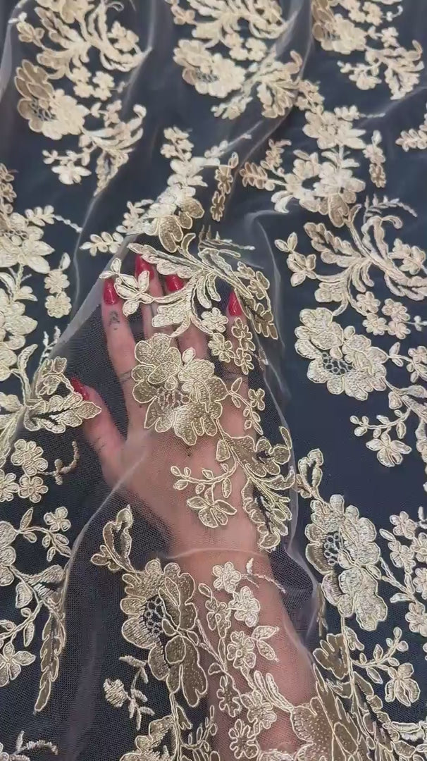 Gold Romantic Bloom Embroidered Mesh Lace, Romantic Lace Fabric, Sheer Embroidered Lace, Bloom Lace Fabric, Bridal Lace Fabric, Wedding Dress Lace
