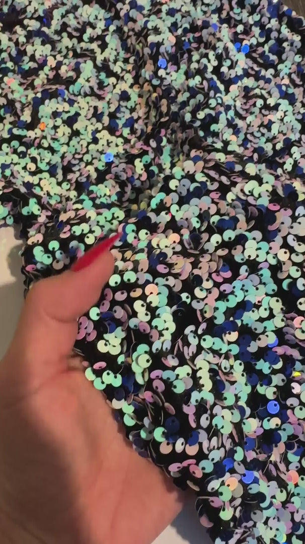 Mermaid Blue Confetti Sequin on Velvet, Sequin on velvet, Stretch Sequin Mesh, Stretch Sequin velvet for woman, Stretch Sequin velvet for bride, Stretch Sequin velvet on discount, Stretch Sequin velvet online