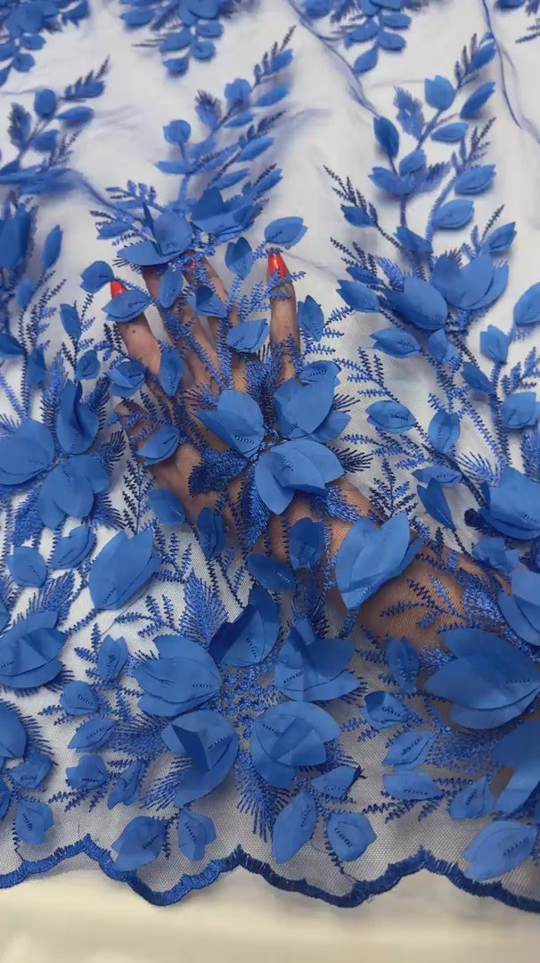 Royal Blue Petals 3D Couture Embroidered Lace, 3d Floral Lace, Embroidered Lace Fabric, 3d Lace Fabric, Floral Applique Lace, Couture Lace Fabric, Royal Blue Lace