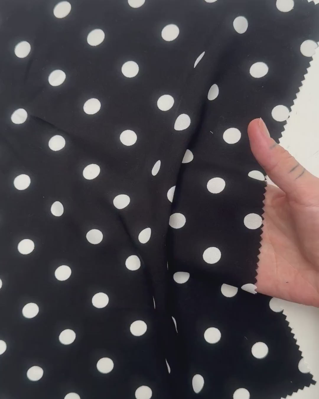 Black Polka dots on White Rayon Challis, online textile store, sewing, fabric store, sewing store, cheap fabric store, kiki textiles