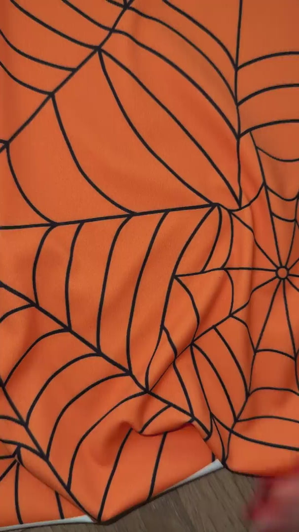 Orange Spider Web Print Nylon Spandex, Halloween Spandex, Halloween Fabric, Spandex Fabric, Nylon Spandex, Stretch Fabric, 4 Way Stretch, Spooky Fabric