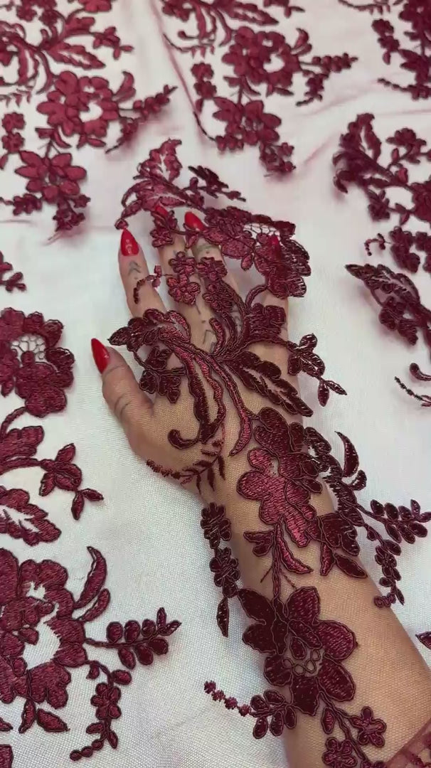 Burgundy Romantic Bloom Embroidered Mesh Lace, Romantic Lace Fabric, Sheer Embroidered Lace, Bloom Lace Fabric, Bridal Lace Fabric, Wedding Dress Lace